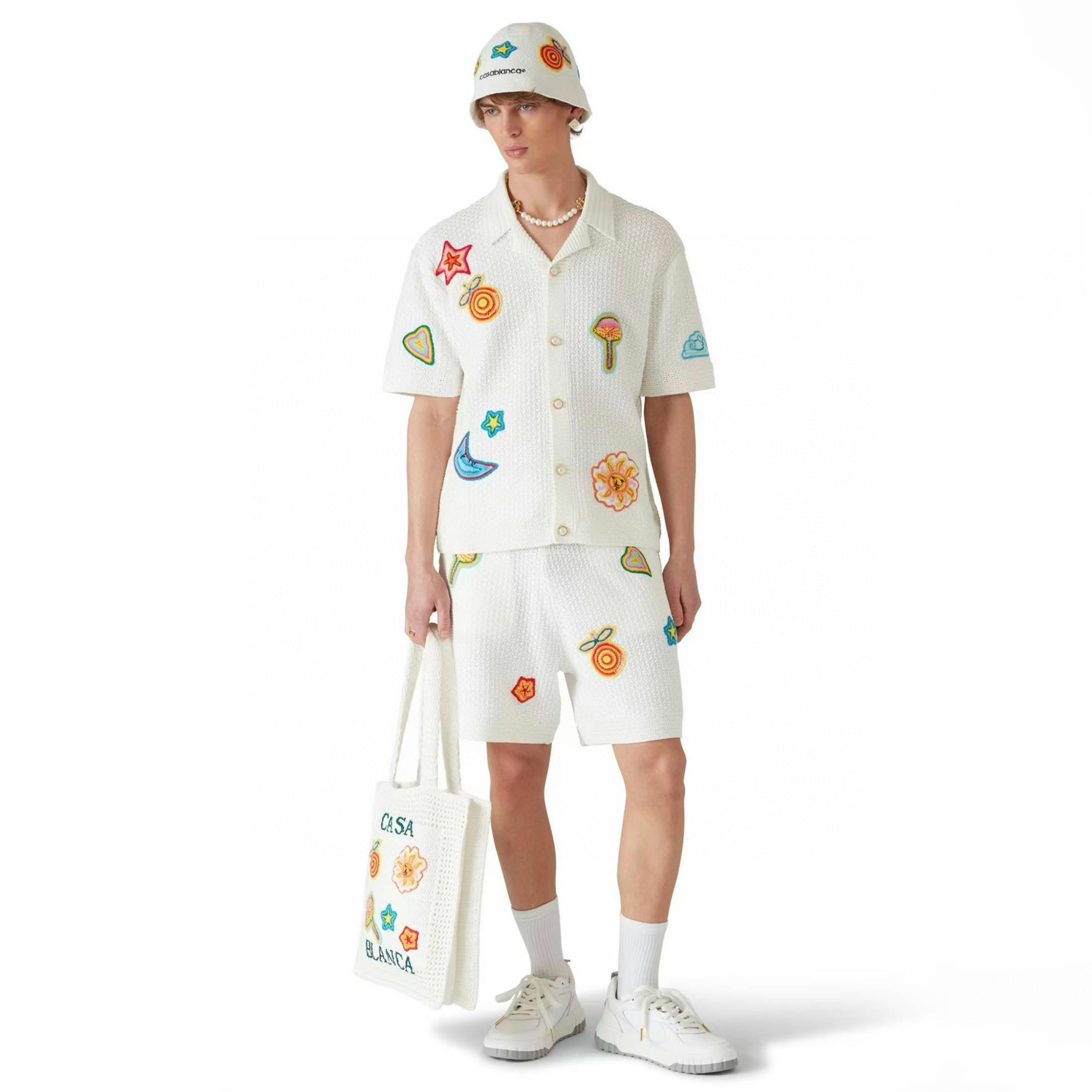 NIGO Casablanca Men's Summer Embroidered Solid-Color Cotton Loose-Fit Knit Short-Sleeve Shirt Casual Drawstring Mid-Rise Motif Crochet Shorts Suit Set Ngvp #nigo2392