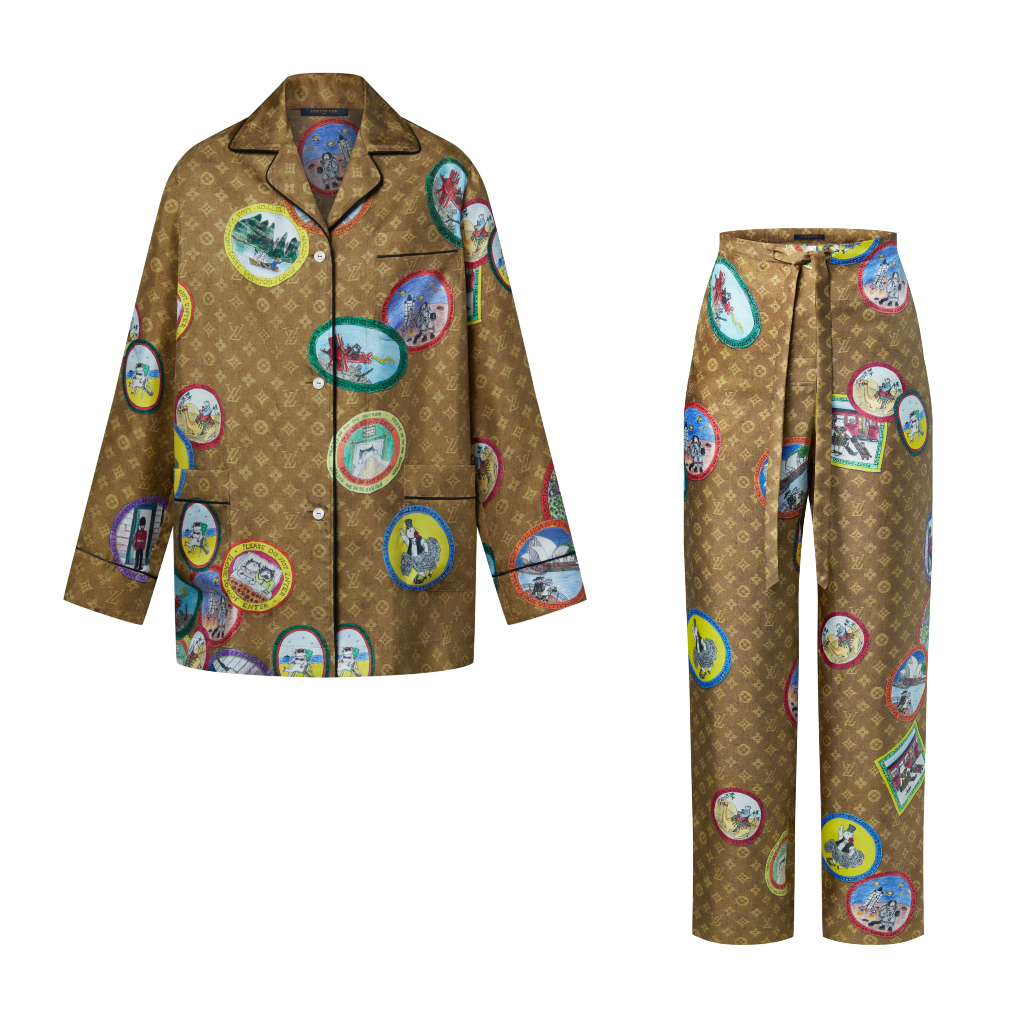 NIGO Louis Vuitton Men's And Women's Spring/Fall Fashion Casual V-Neck Collar Single-Button Print Shirt with Elastic Waistband Loose-Fit Relaxed Pants Sleepwear Suit Set #nigo78868