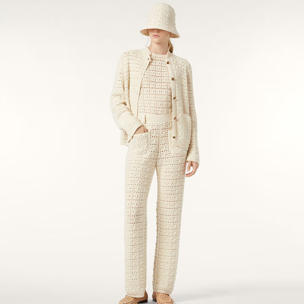 NIGO Loro Piana Women's Arola Jacket Spring/Summer Knit Hollow Wool Solid Color Single-Breasted Long-Sleeve Cardigan Casual Checkered Straight-Leg Pants Suit Set Ngvp #nigo2391