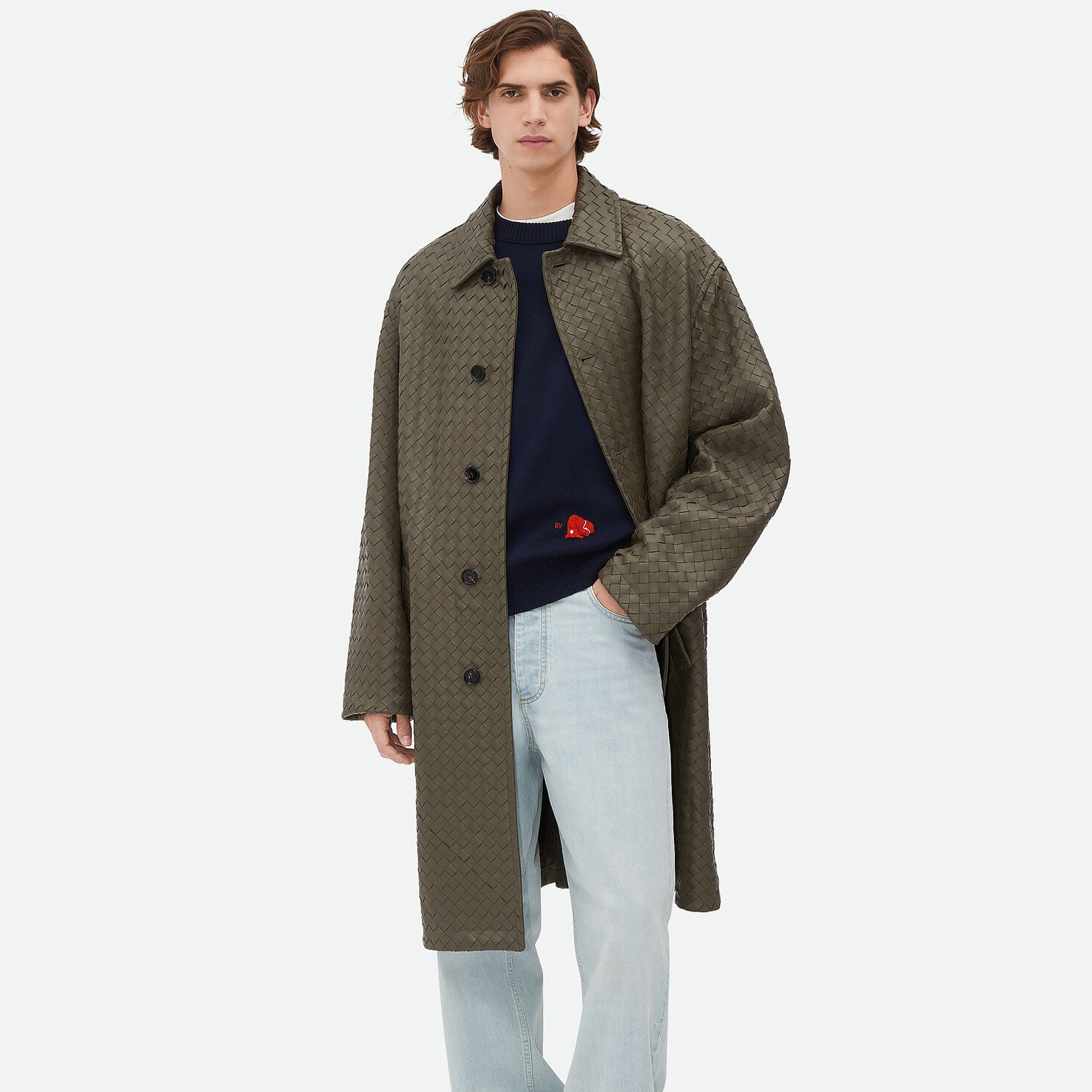 NIGO Bottega Veneta Men's And Women's  Spring/Fall Fashion Casual Leather Hand Woven Collar Single Breasted Mid-Length Trench Coat Jacket #nigo78931