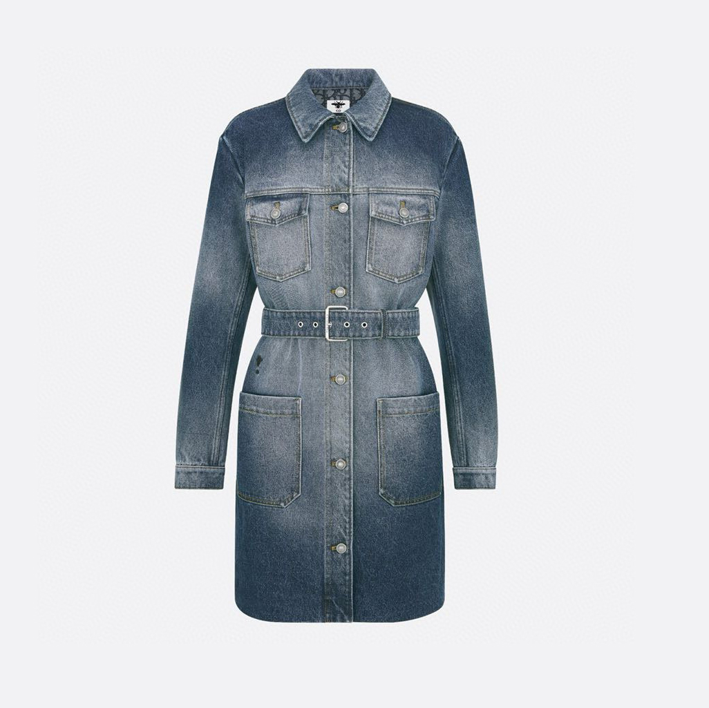 NIGO Dior Women's Spring/Fall Fashion Casual Midi Length Single Breasted Collar Print Belted Long-Sleeve Denim Skirt Dress #nigo78947