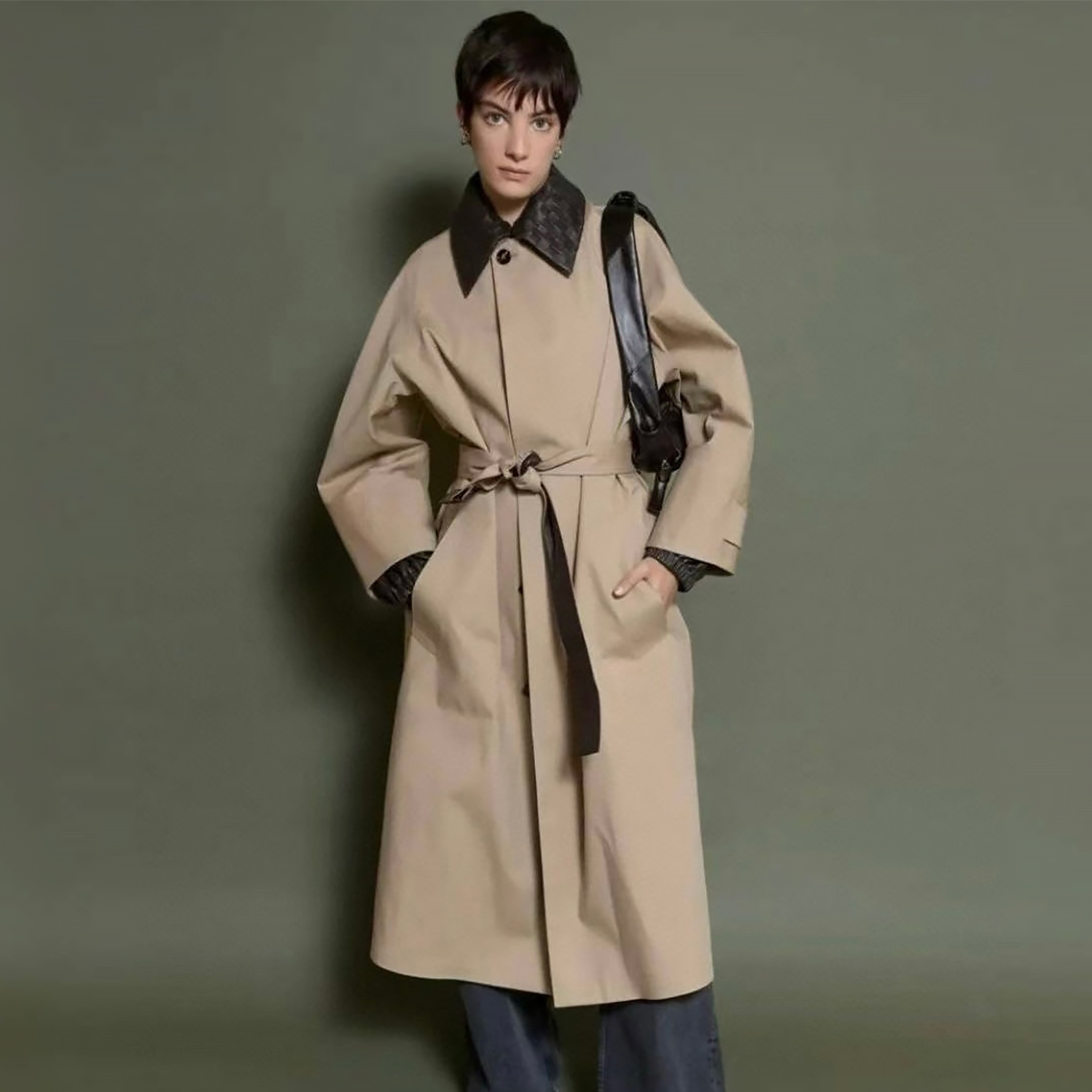 NIGO Bottega Veneta Women's Knitted Collar Solid Color Double-Breasted Spring/Fall Lapel Tie-Front Trench Coat Ngvp #nigo2515