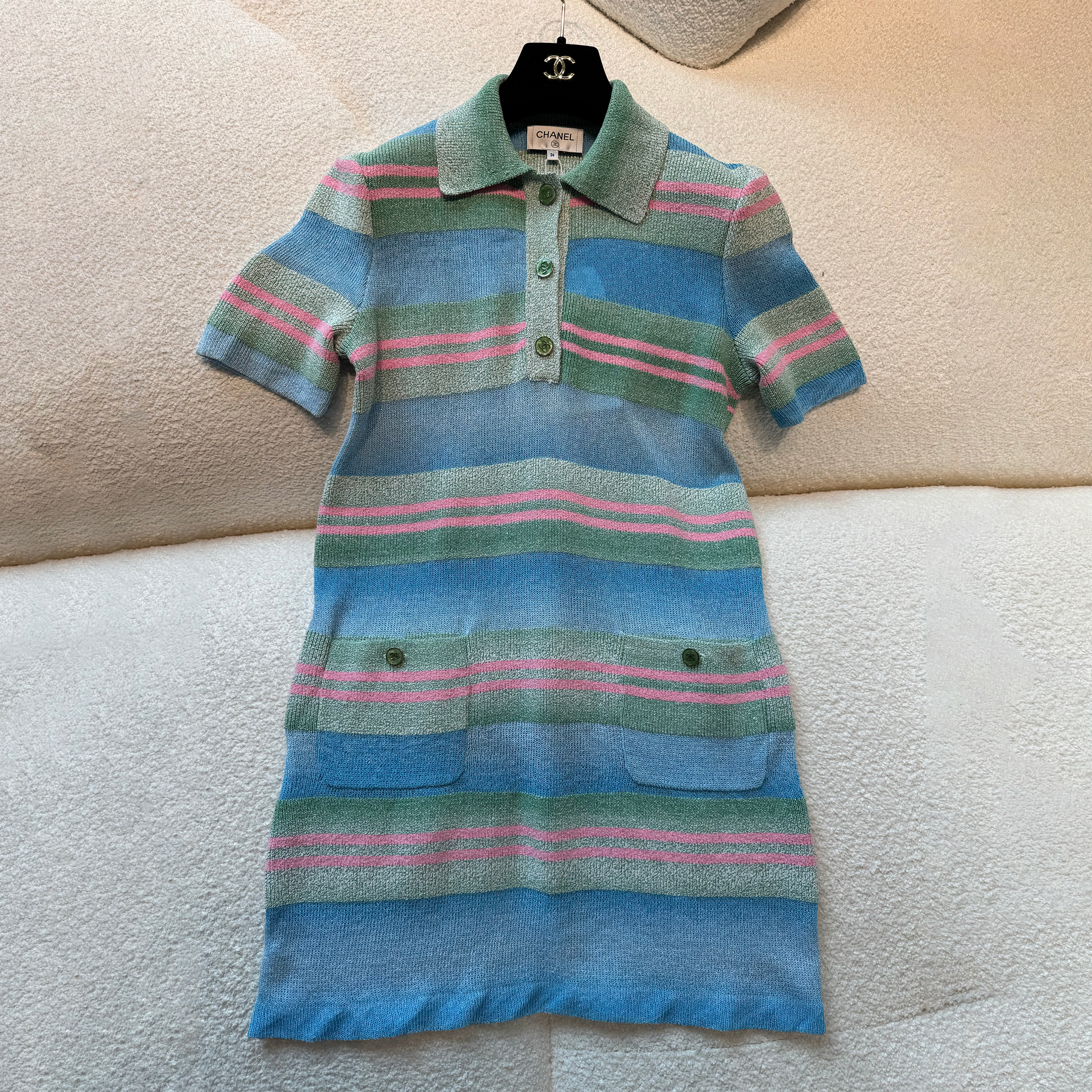 NIGO Chanel Women's Summer Striped Color-Blocked Double-Pocket Polo-Neck Long-Sleeve Knit Dress Ngvp #nigo2516