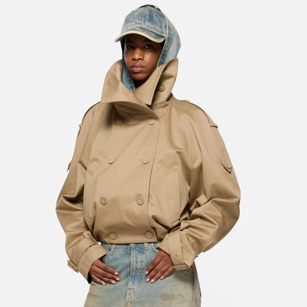 NIGO Acne Studios Women's Spring/Fall Fashion Casual Love You Solid Color High-Neck Double-Breasted Twill Trench Coat Short Jacket #nigo78969