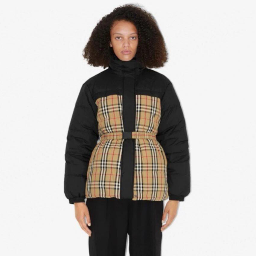 NIGO Burberry Women's Winter Fashion Casual Color Blocked High Neck Zipper Reversible Checkered Waist-Defining Down Jacket #nigo78983