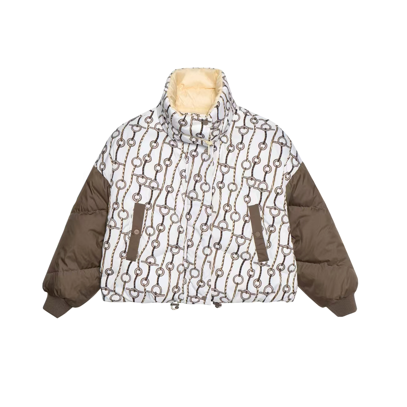 NIGO Hermes Women's Winter Fashion Casual Reversible Patterned Print Short Length High Neck Zipper White Goose Down Filled Short Jacket Down Jacket #nigo78981