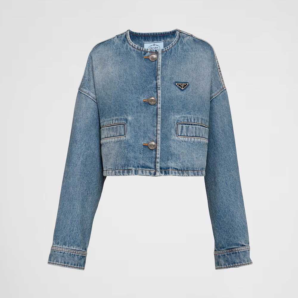 NIGO Prada Women's Spring/Summer/Fall Triangle Logo Waistband Denim Solid Color Single-Breasted Short Cotton Denim Blouson Jacket #nigo81583