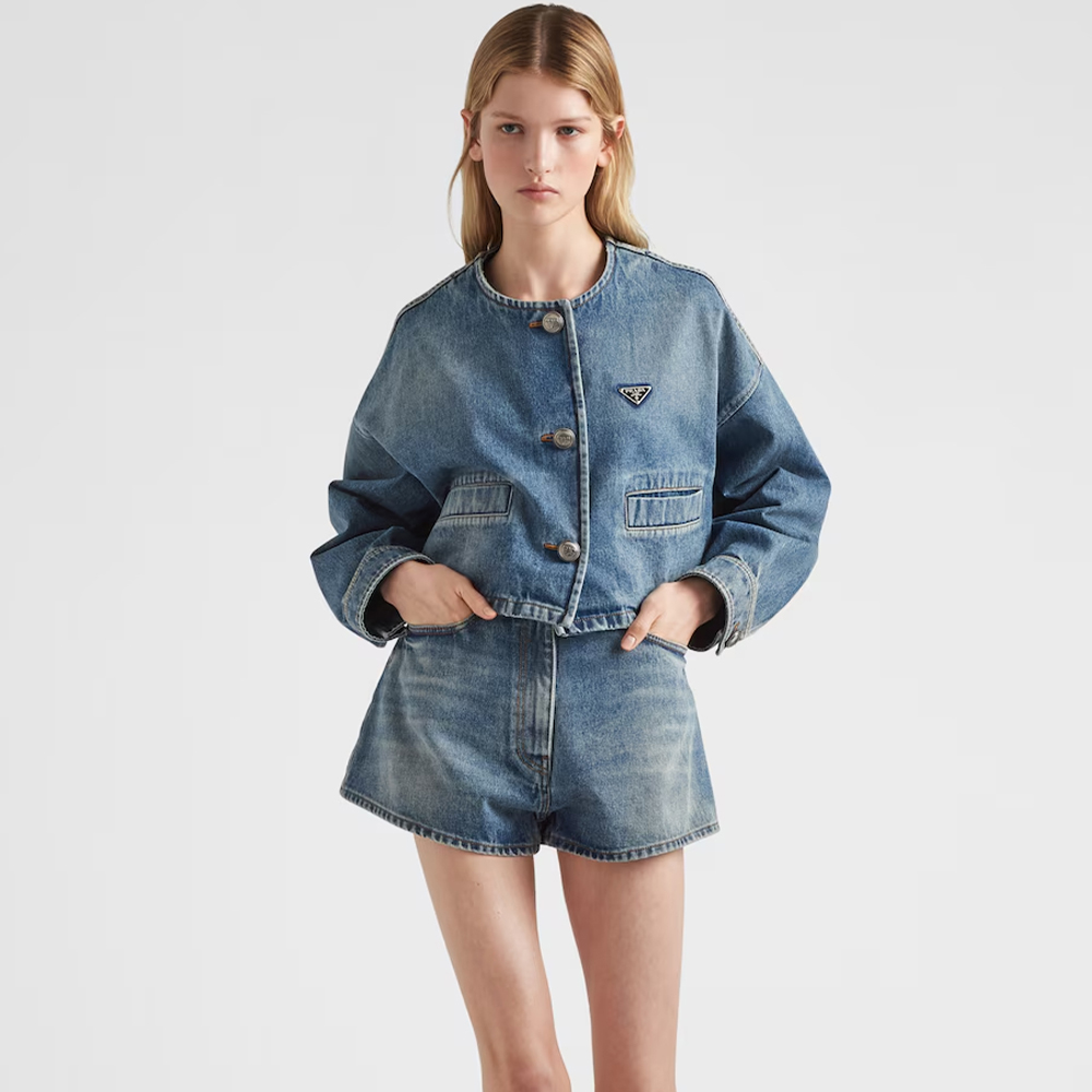 NIGO Prada Women's Spring/Summer/Fall Triangle Logo Waistband Denim Solid Color Single-Breasted Short Cotton Denim Blouson Jacket #nigo81583