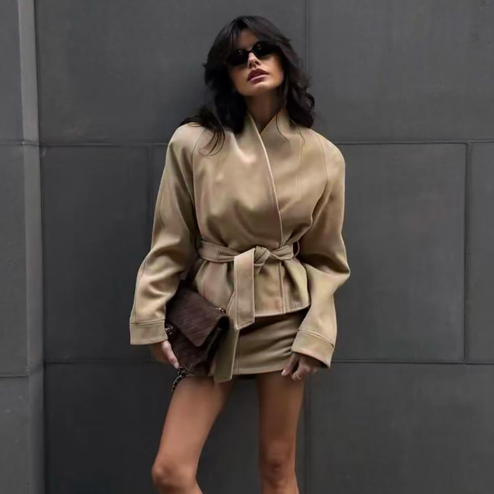 NIGO The Row Women's Fall/Winter Vintage Solid-Color Stand-Up Collar Leather Belted Lace-Up Jacket Coat Skirt Suit Set Ngvp #nigo2538