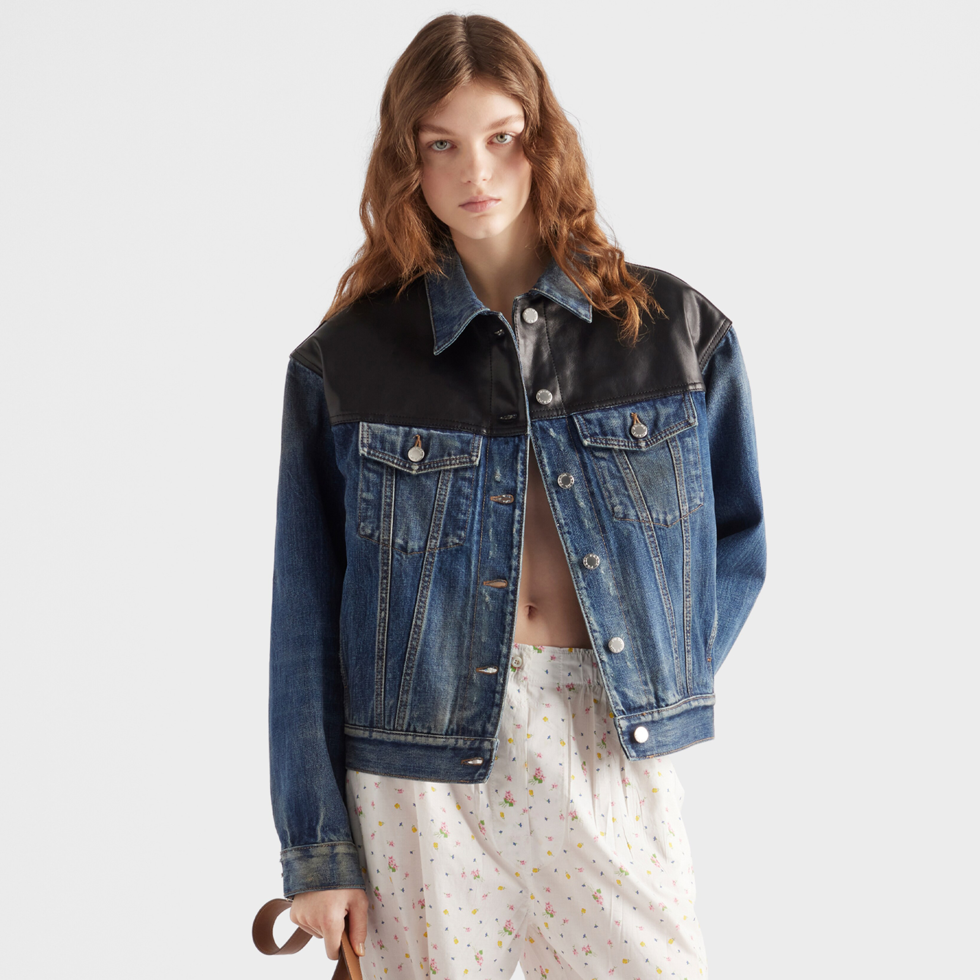 NIGO Prada Women's Spring/Fall Fashion Casual Lapel Single Breasted Patchwork Leather Short Denim Jacket #nigo79162