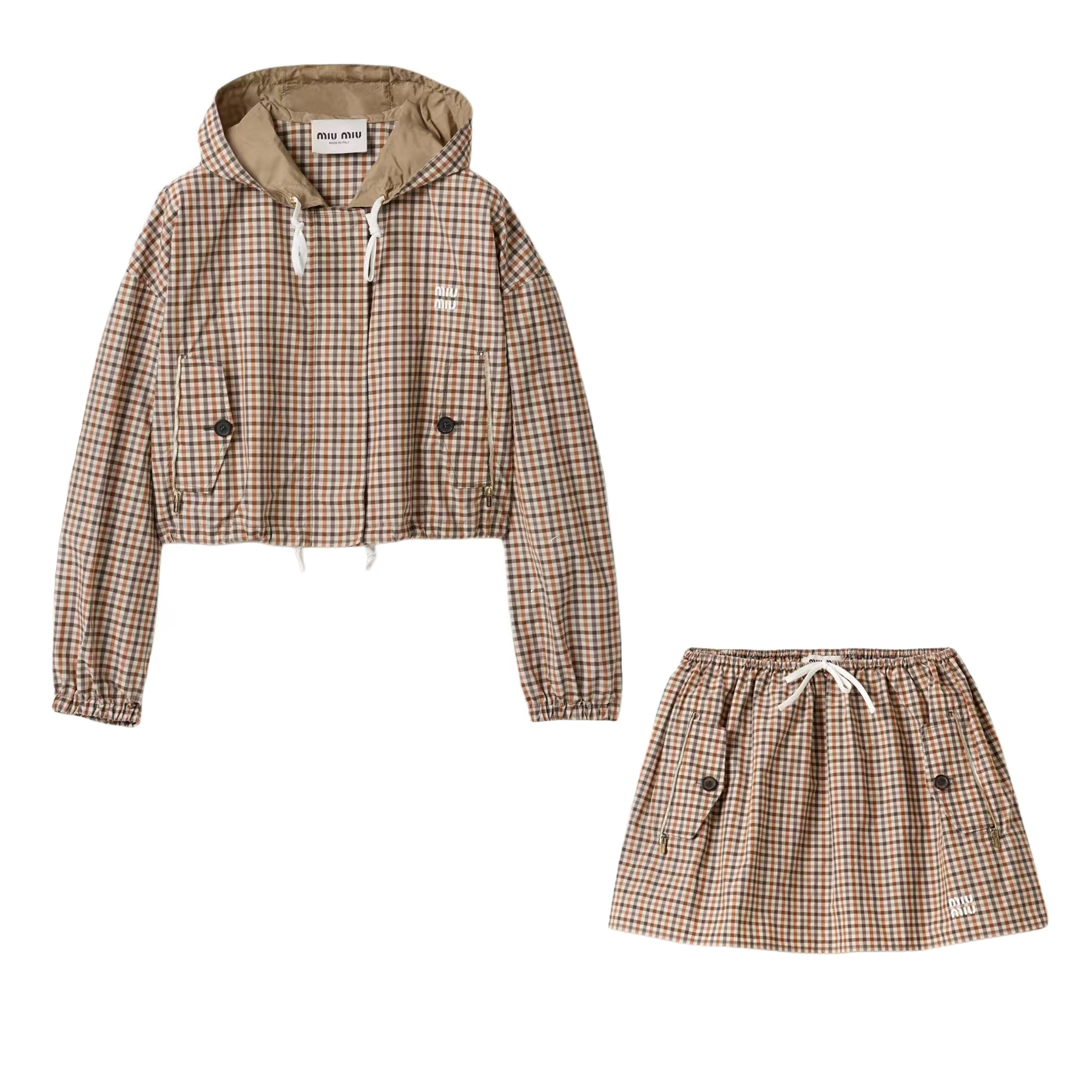 NIGO MiuMiu Women's Spring/Summer Fashion Casual Hooded Zipper Waist Elastic Checkered Jacket Waist Elastic Drawstring Checkered Casual Short Skirt Suit Set #nigo79158