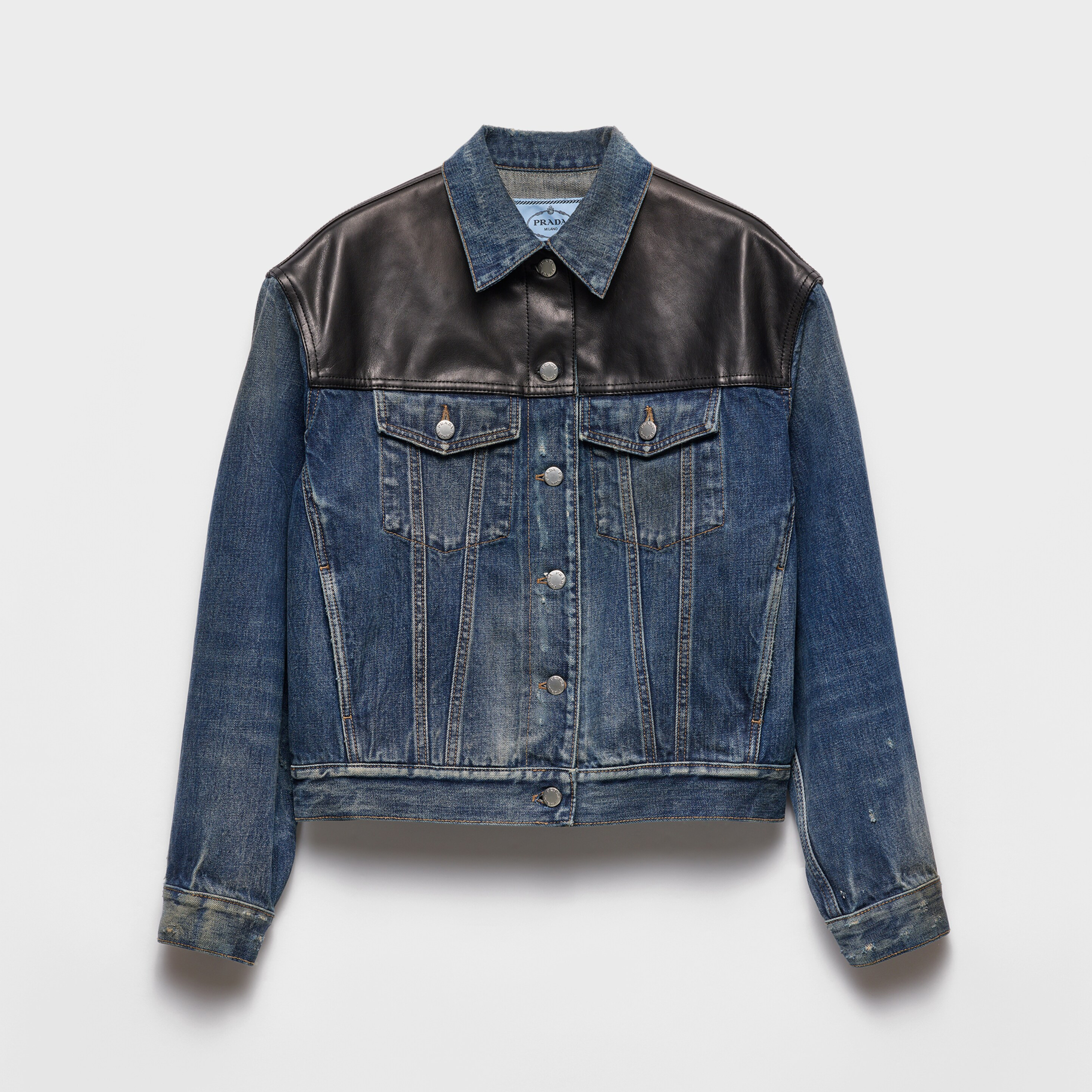 NIGO Prada Women's Spring/Fall Fashion Casual Lapel Single Breasted Patchwork Leather Short Denim Jacket #nigo79162