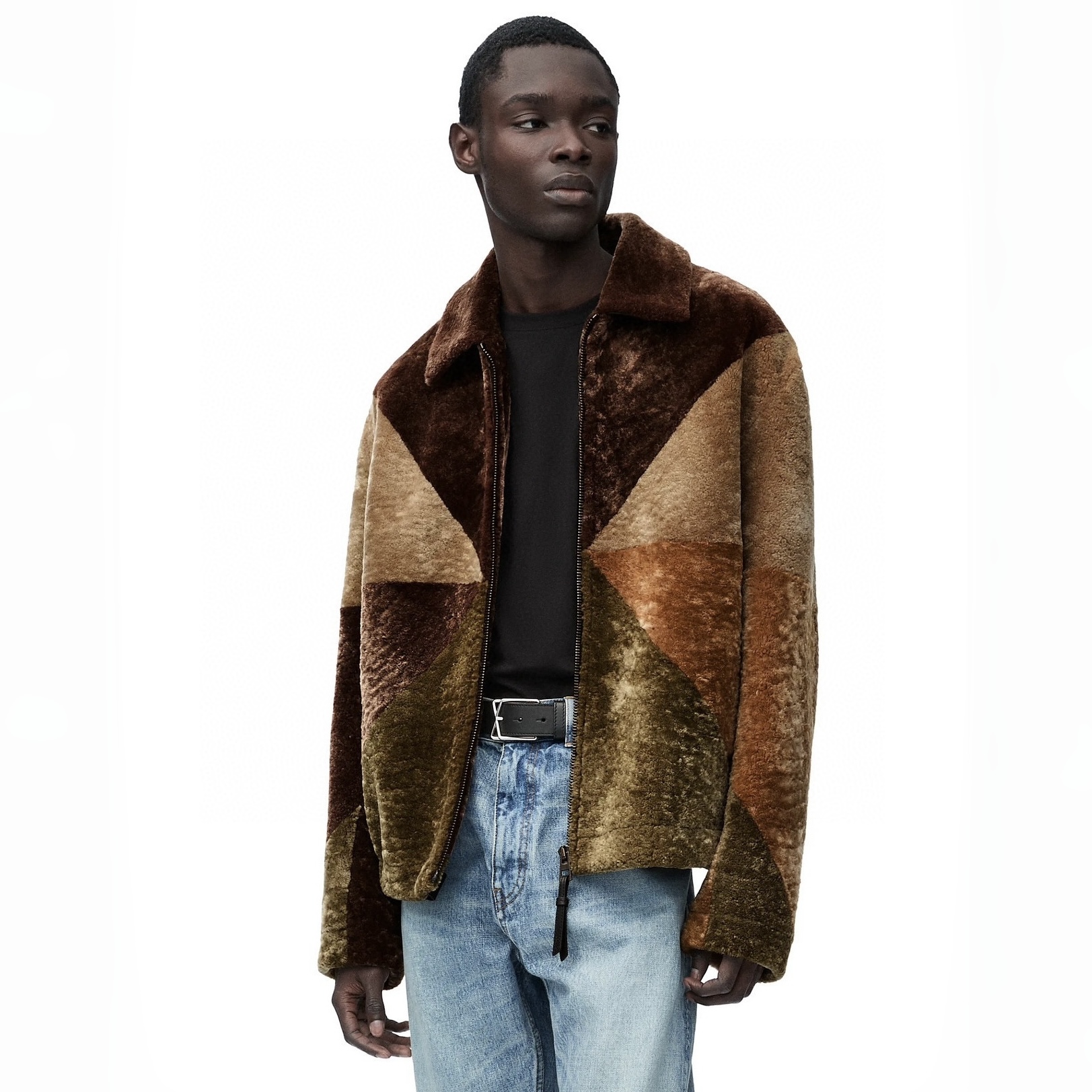 NIGO Loewe Men's Logo Shearling Wool Fur Spring/Fall Oversized Collar Contrast-Color Embossed Zipper Jacket Ngvp #nigo2541