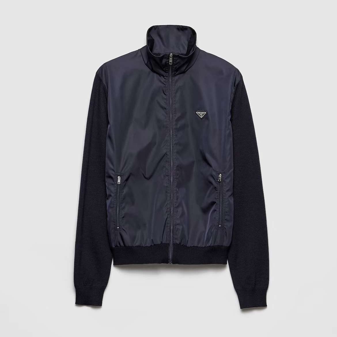 NIGO Prada Men's Spring/Fall Fashion Casual High Neck Zipper Triangle Logo Knit Patchwork Nylon Jacket #nigo79173