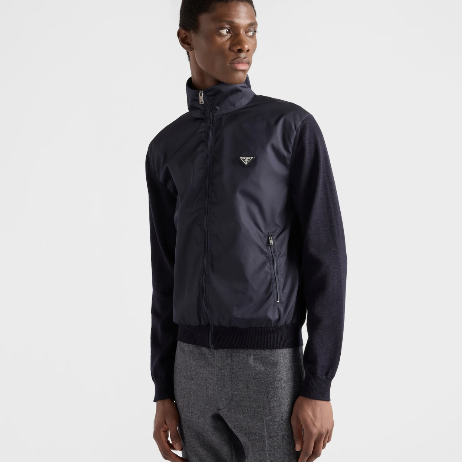 NIGO Prada Men's Spring/Fall Fashion Casual High Neck Zipper Triangle Logo Knit Patchwork Nylon Jacket #nigo79173