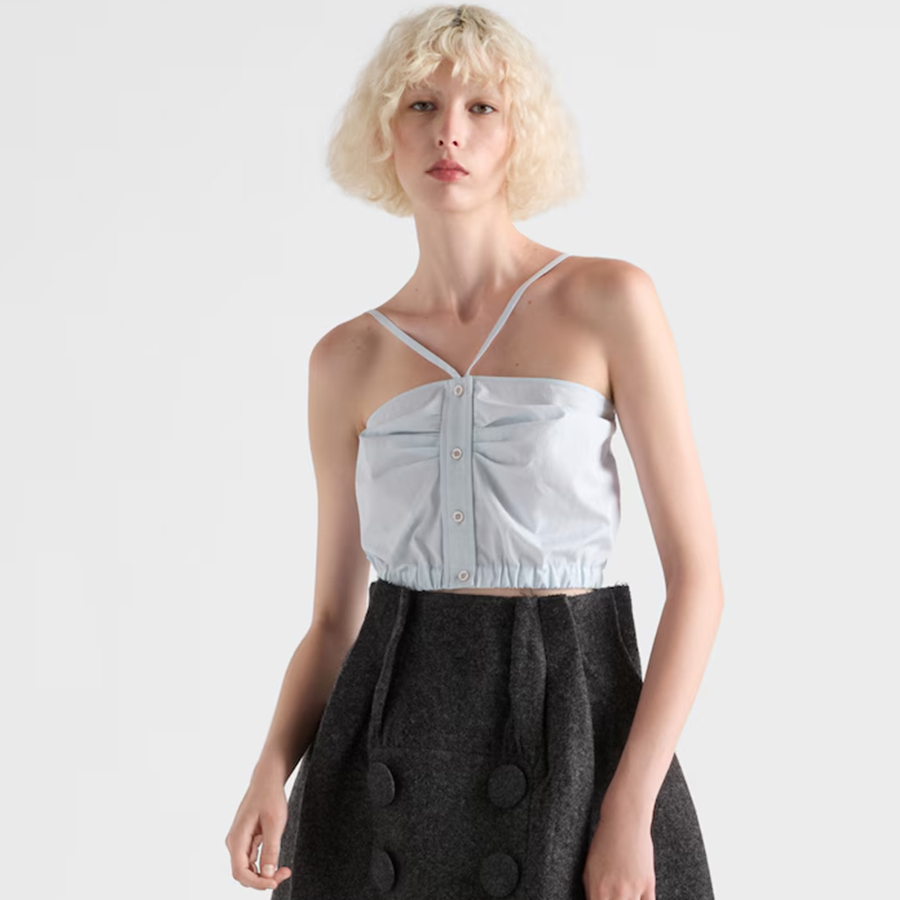 NIGO Prada Women's Summer High-Street Cotton Pleated Button-Up Elastic Hem Solid-Color Striped Short Top Sleeveless Double-Strap Cross-Front Halter Camisole Ngvp #nigo2542