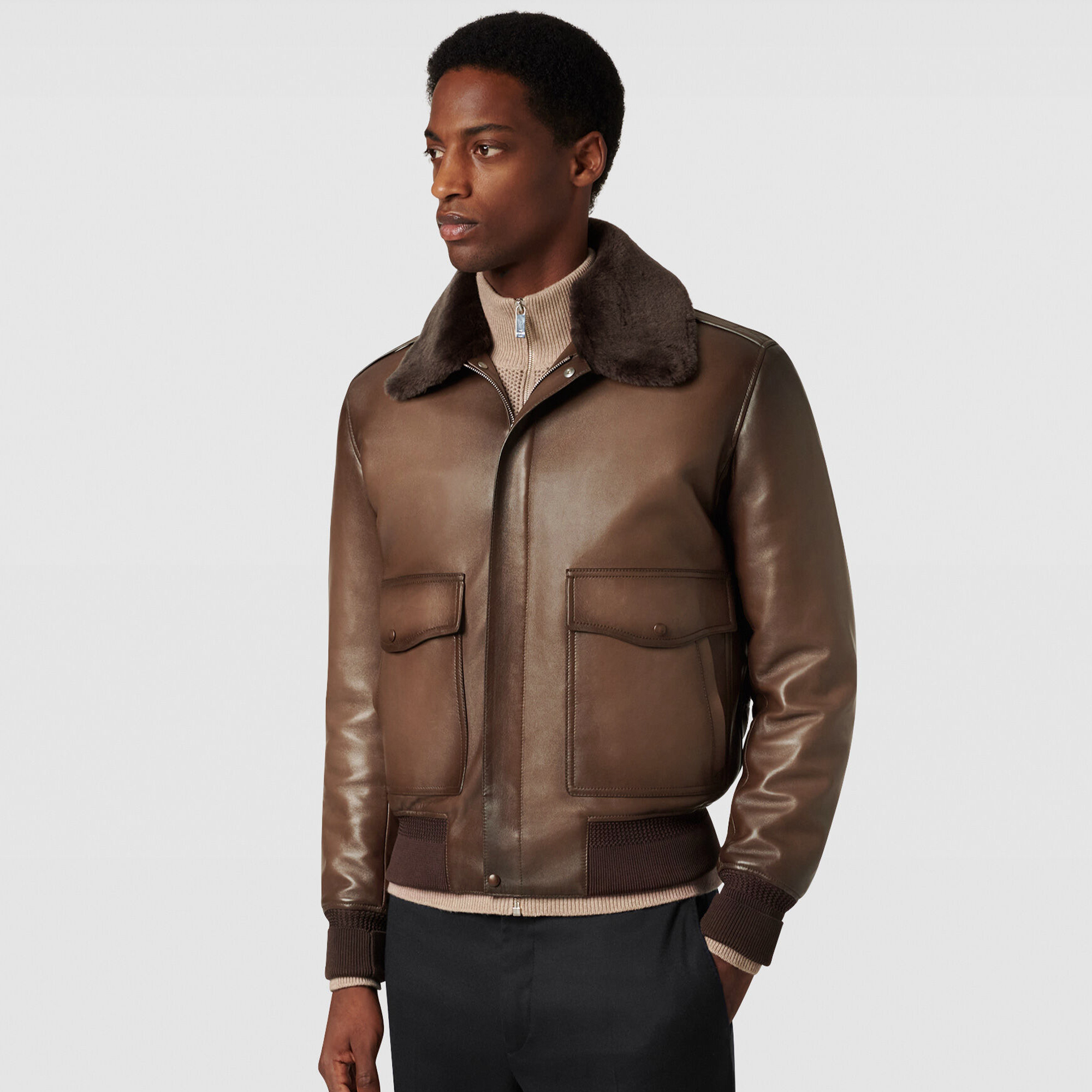 NIGO Berluti Men's Dyed Sheepskin Collar Zipper Solid Color Vintage-Washed Spring/Fall Fitted Casual Pilot Jacket Ngvp #nigo2544