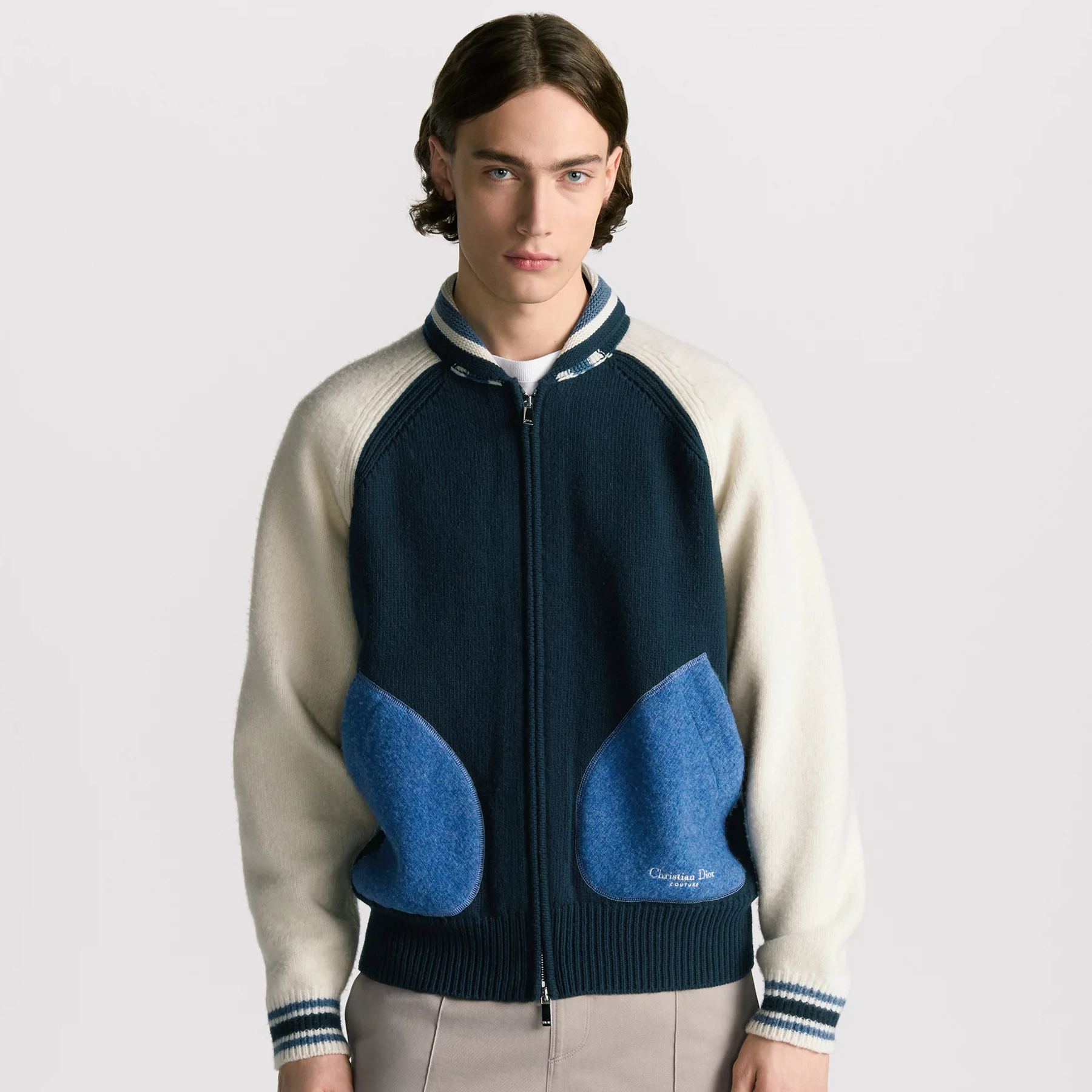 NIGO Dior Men's Spring/Fall Vintage College-Style Color-Block Wool Sweater with Floral Embroidery Plain-Knit Long-Sleeve Oversized Cardigan #nigo81595