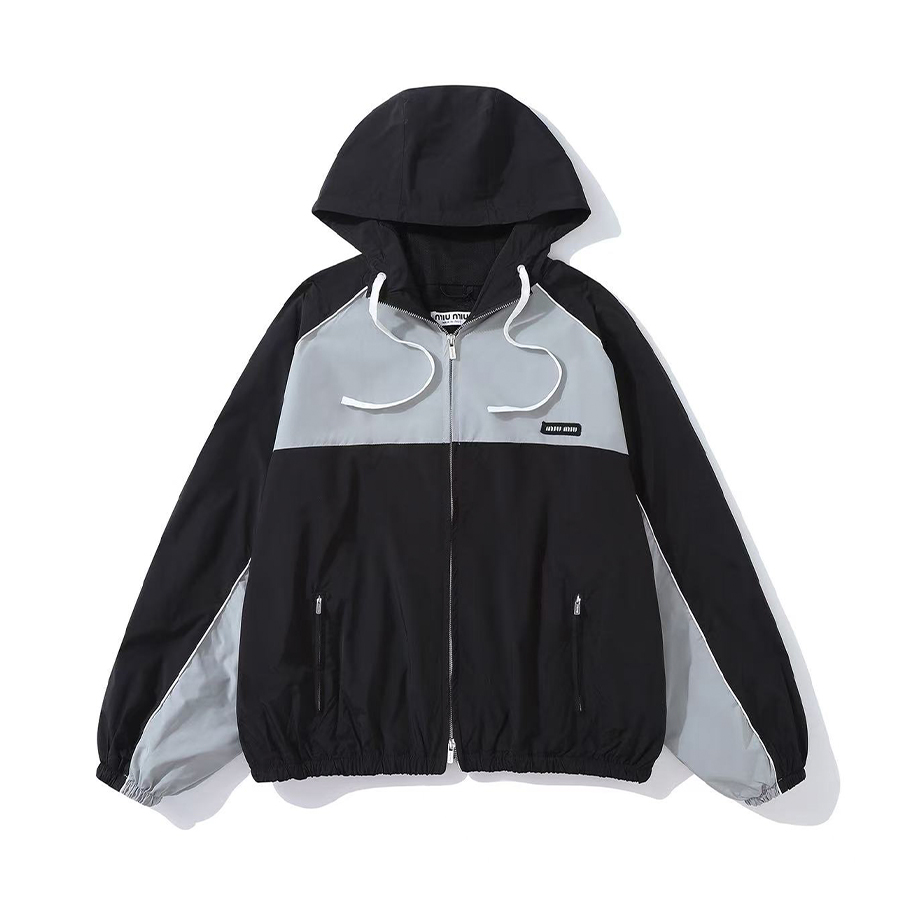 NIGO MiuMiu Women's Spring/Summer Striped Color-Block Logo Zipper Hooded Oversized Short Jacket #nigo81594