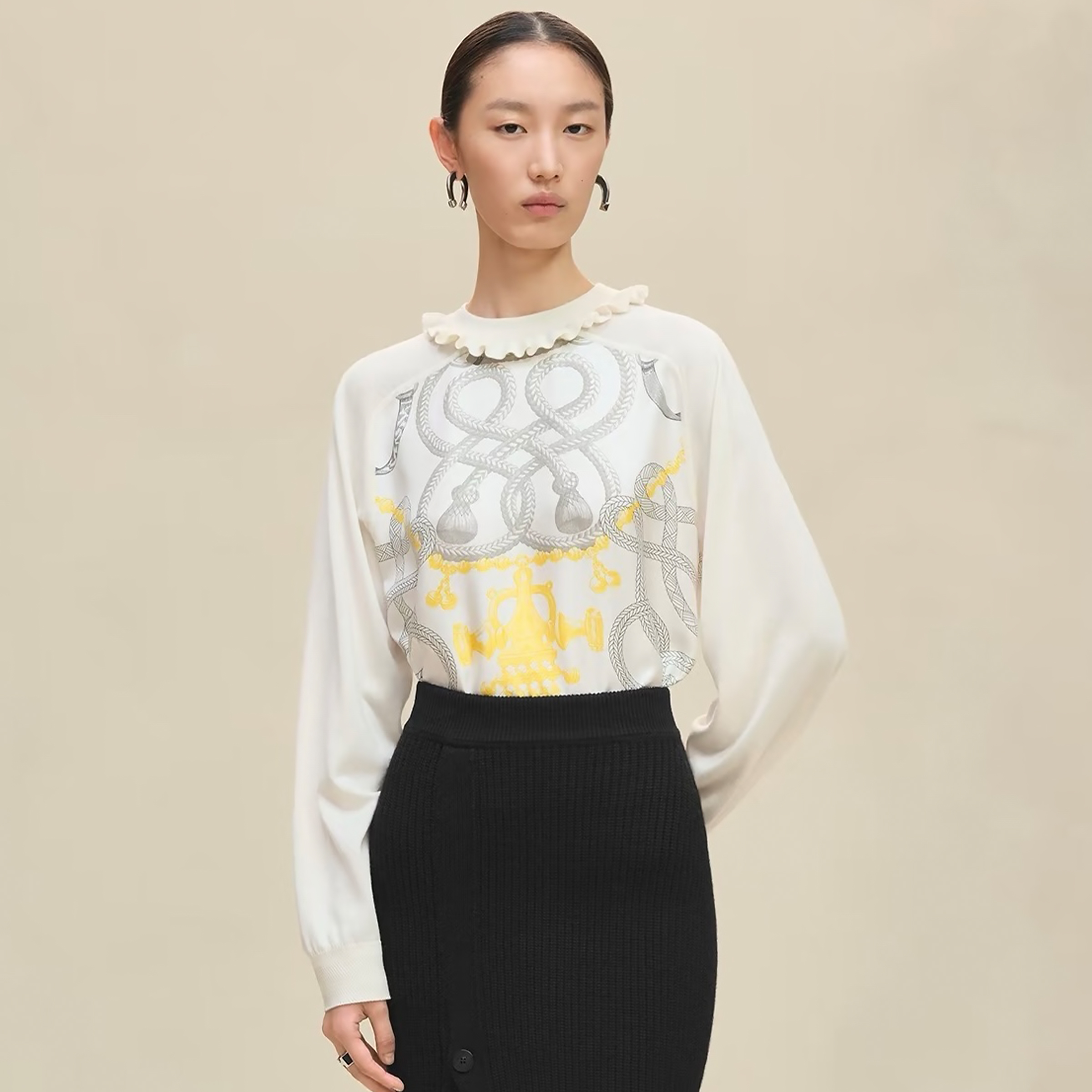 NIGO Hermes Women's Spring/Fall High-Street Printed Silk Patchwork Crew Neck Long Sleeve Solid Color Oversized Knit Sweater Ngvp #nigo2546