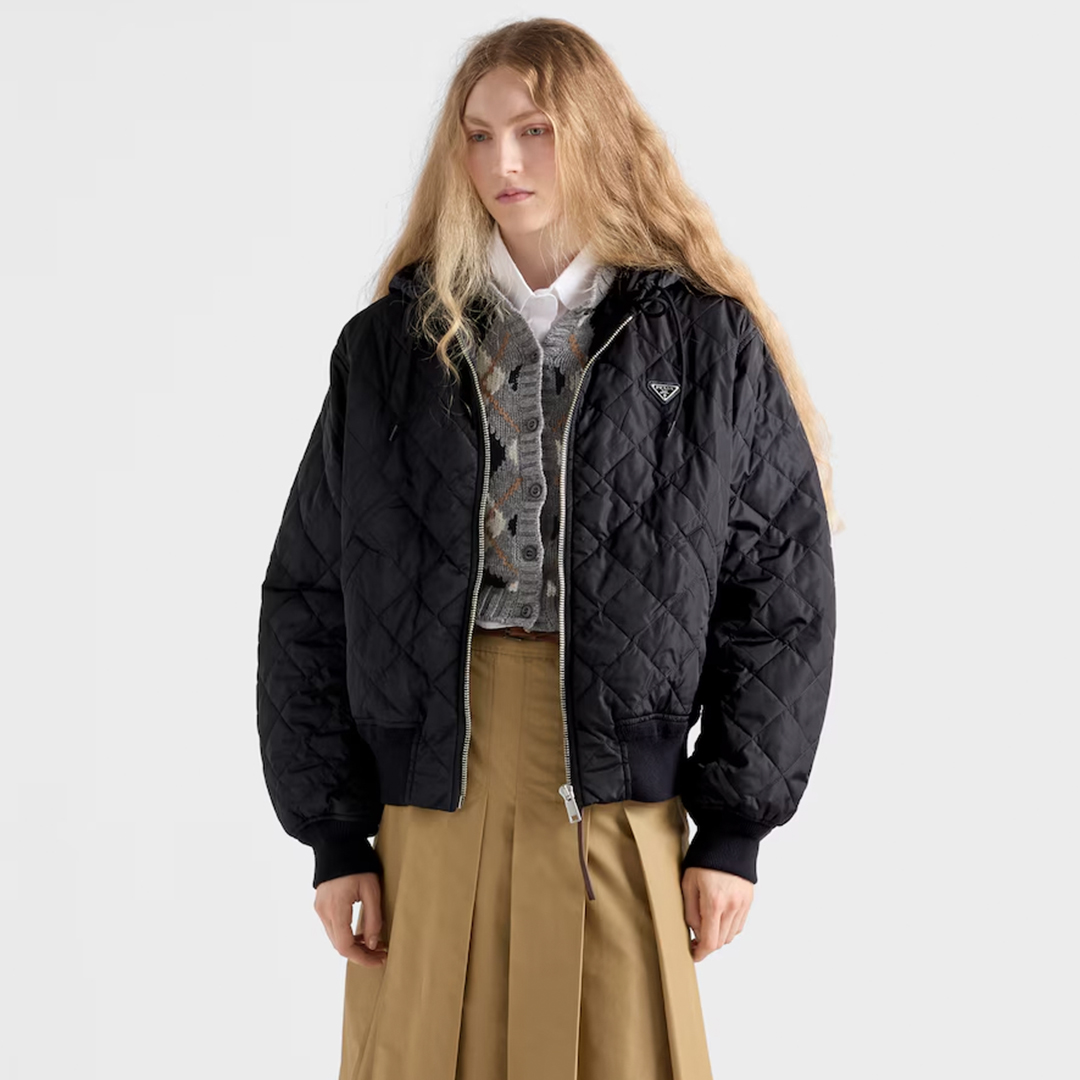 NIGO Prada Women's Lightweight Quilted Re-Nylon Jacket Logo Print Zipper Long Sleeve Solid Color Hooded Jacket #nigo81724