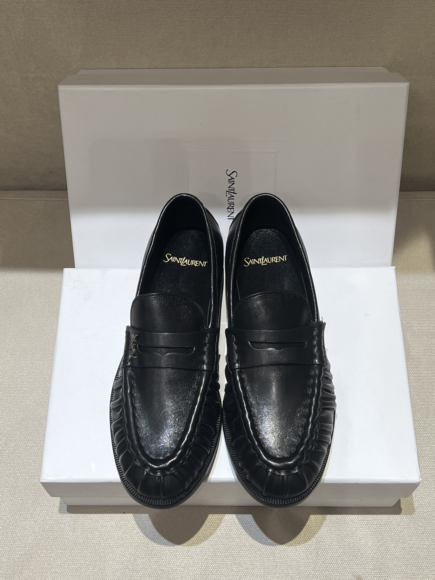 NIGO Saint Laurent Women's Four-Season Vintage Logo Pleated Solid-Color Leather Shoes Casual Round-Toe Loafers Shoes #nigo81725