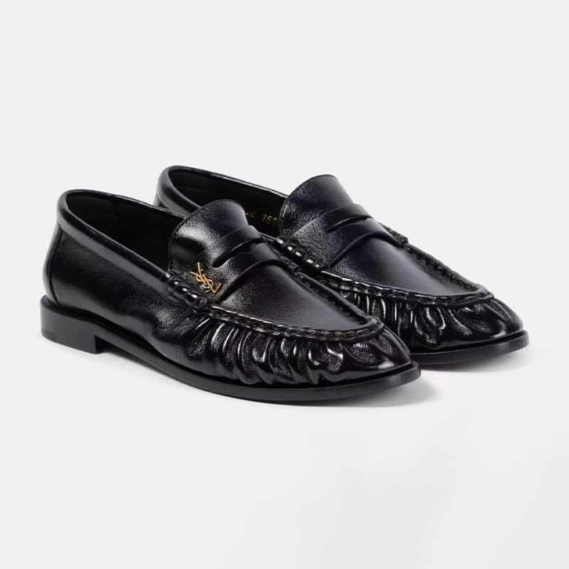 NIGO Saint Laurent Women's Four-Season Vintage Logo Pleated Solid-Color Leather Shoes Casual Round-Toe Loafers Shoes #nigo81725