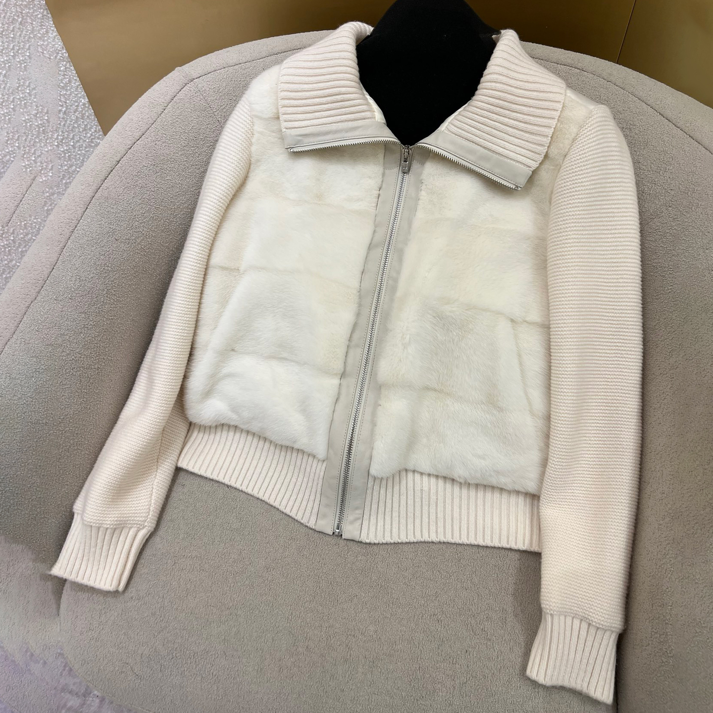 NIGO Loro Piana Women's Fall/Winter Mink-Collar Cashmere Solid-Color Zipper Long-Sleeve Knit Puffer Down Jacket #nigo81738