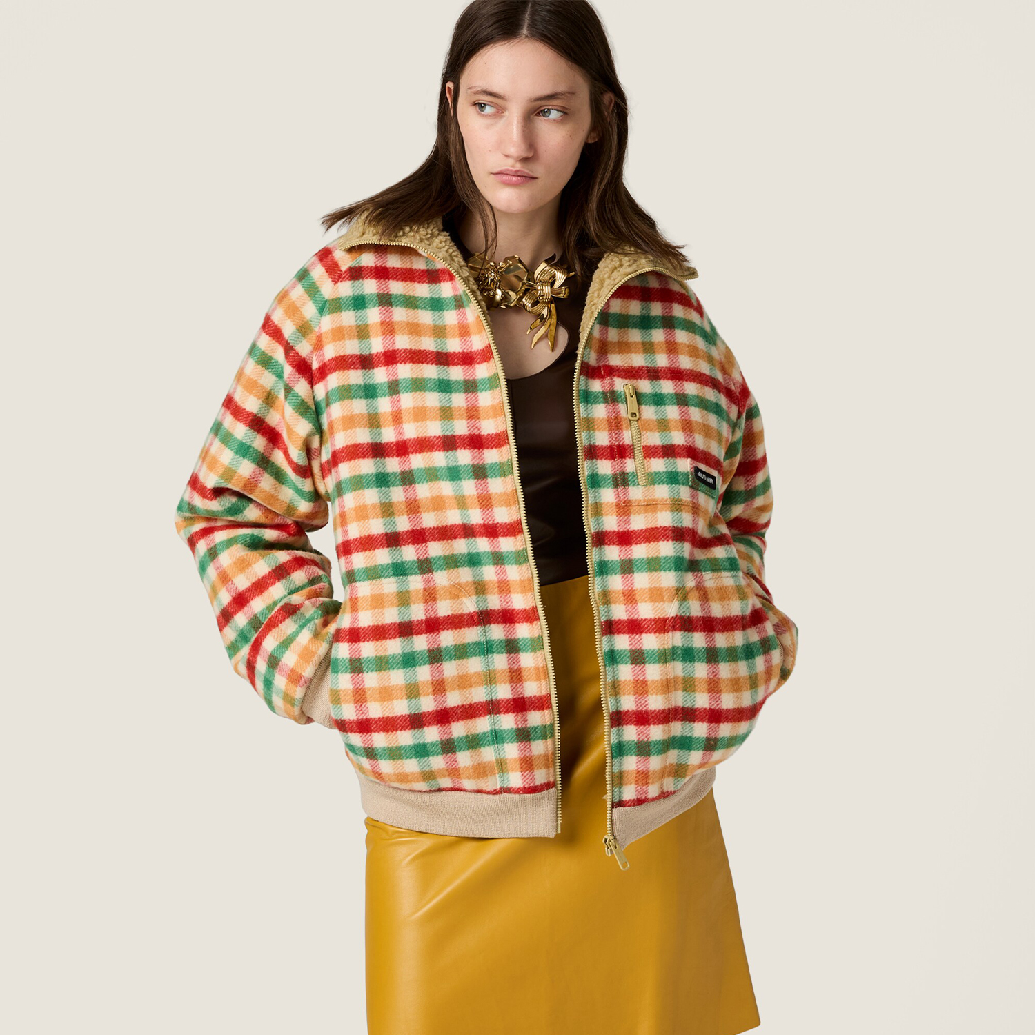 NIGO MiuMiu Women's Autumn And Winter Fleece Lined Plaid Color Blocked Zipper Lapel Long Sleeved Jacket  #nigo81742