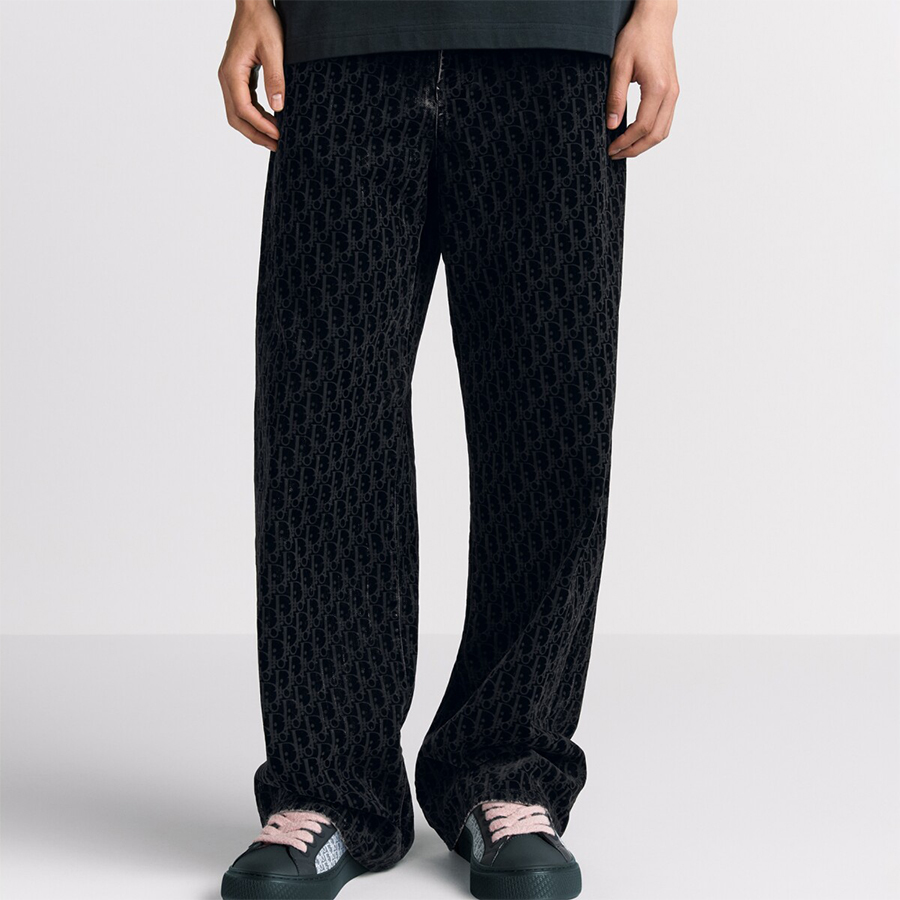 NIGO Dior Men's Dior And Kaws Collection Four-Season Cotton-Blend Solid-Color Button-Fly Flocked Denim Pants #nigo81751