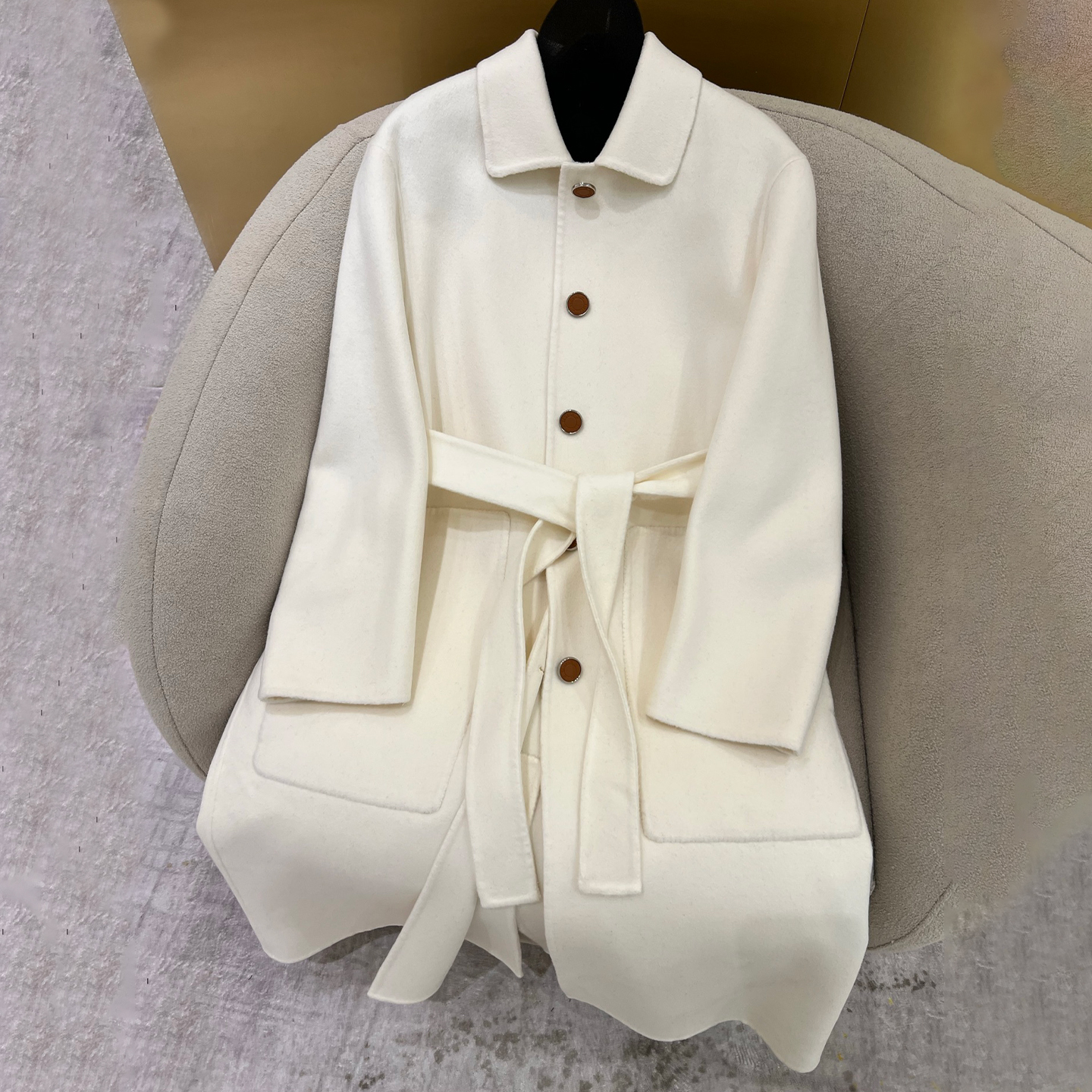 NIGO Hermes Women's Spring/Fall/Winter Reversible Solid-Color Collared Single-Breasted Tie-Front Cashmere Wrap Coat Straight-Cut Jacket #nigo81737