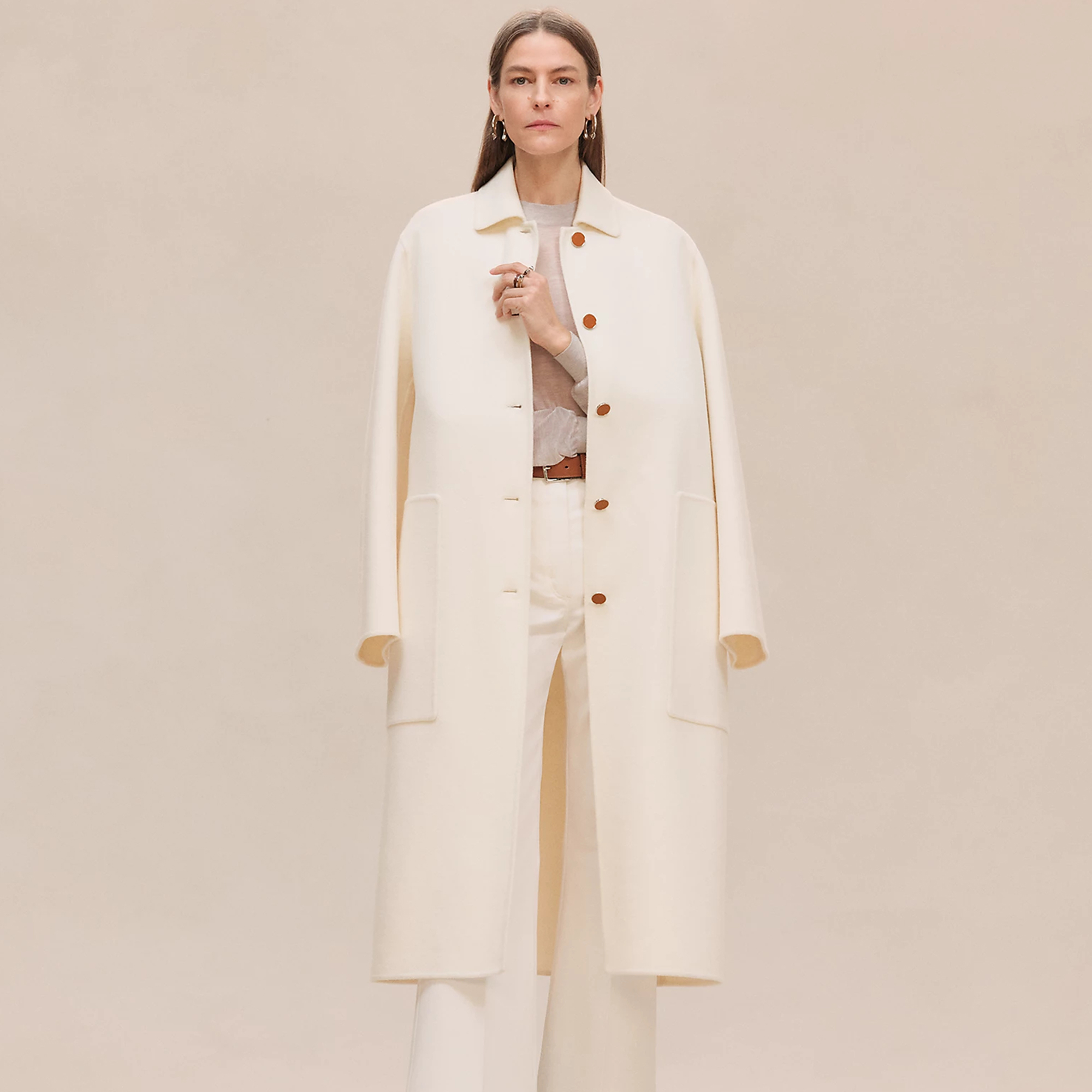 NIGO Hermes Women's Spring/Fall/Winter Reversible Solid-Color Collared Single-Breasted Tie-Front Cashmere Wrap Coat Straight-Cut Jacket #nigo81737