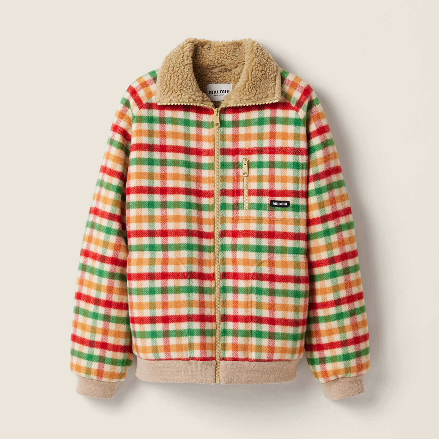 NIGO MiuMiu Women's Autumn And Winter Fleece Lined Plaid Color Blocked Zipper Lapel Long Sleeved Jacket  #nigo81742