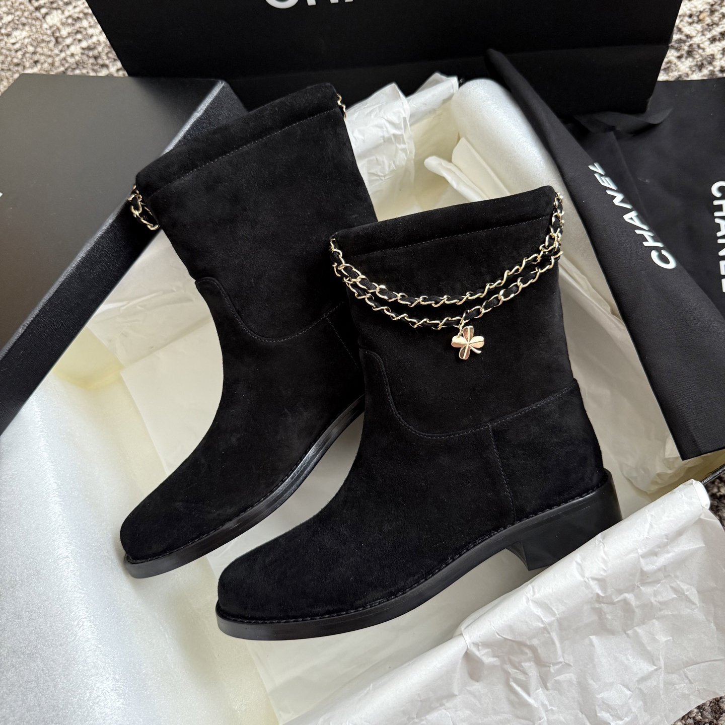 NIGO Chanel Women's Fall/winter Fashion Classic Solid Color Leather Suede Round Toe Cuffed Chunky Heel Chain Pendant Ankle Boots Shoes #nigo79218