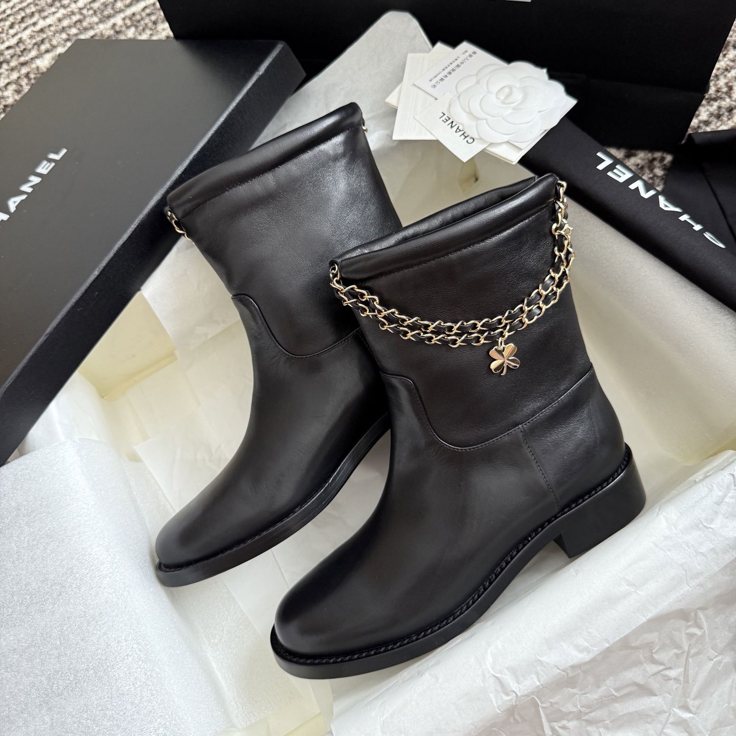 NIGO Chanel Women's Fall/winter Fashion Classic Solid Color Leather Suede Round Toe Cuffed Chunky Heel Chain Pendant Ankle Boots Shoes #nigo79218