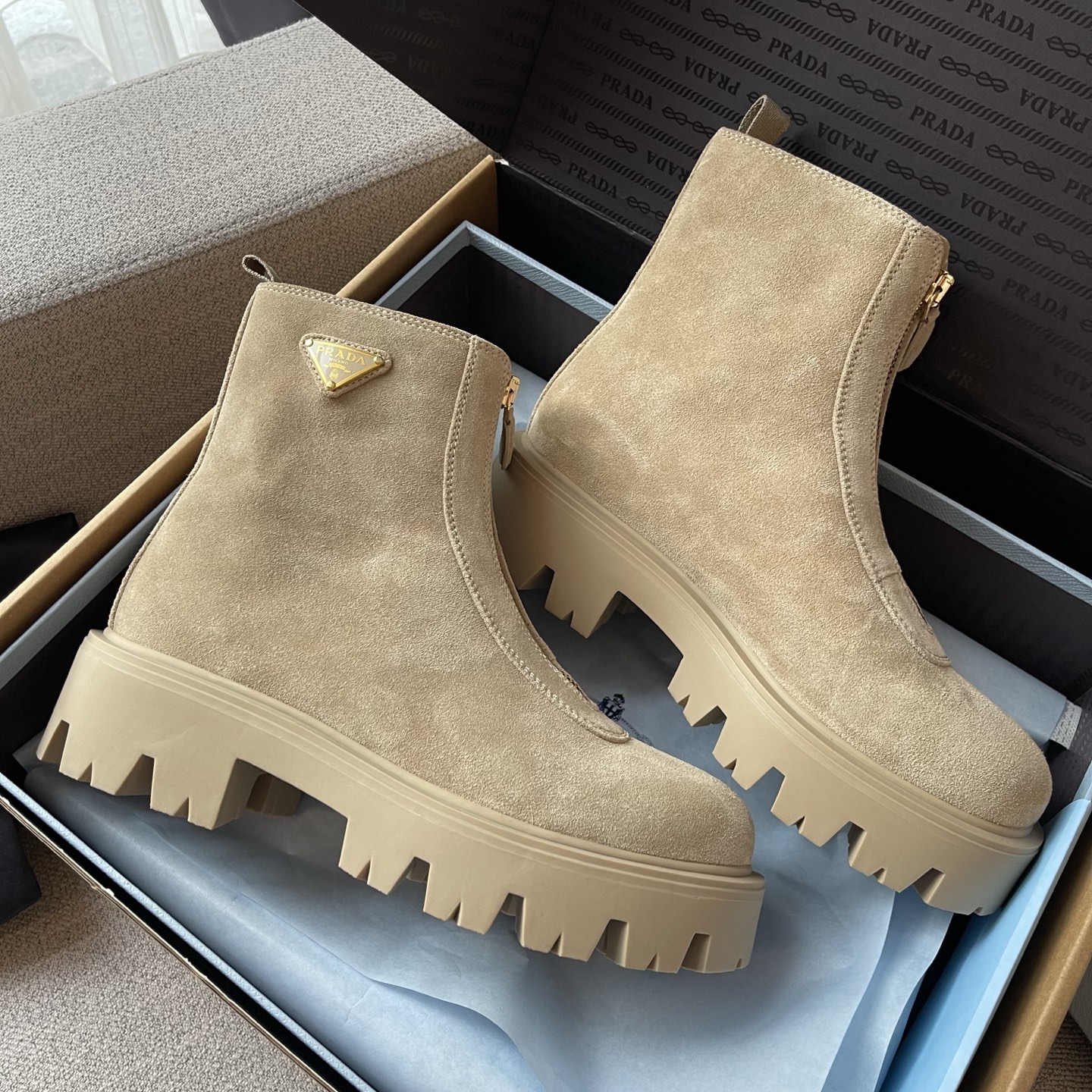 NIGO Prada Women's Fall/winter Fashion Classic Round Toe Slip On Suede Chunky Heel 4.5cm Classic Triangle Logo British Style Vintage Short Boots Shoes #nigo79234