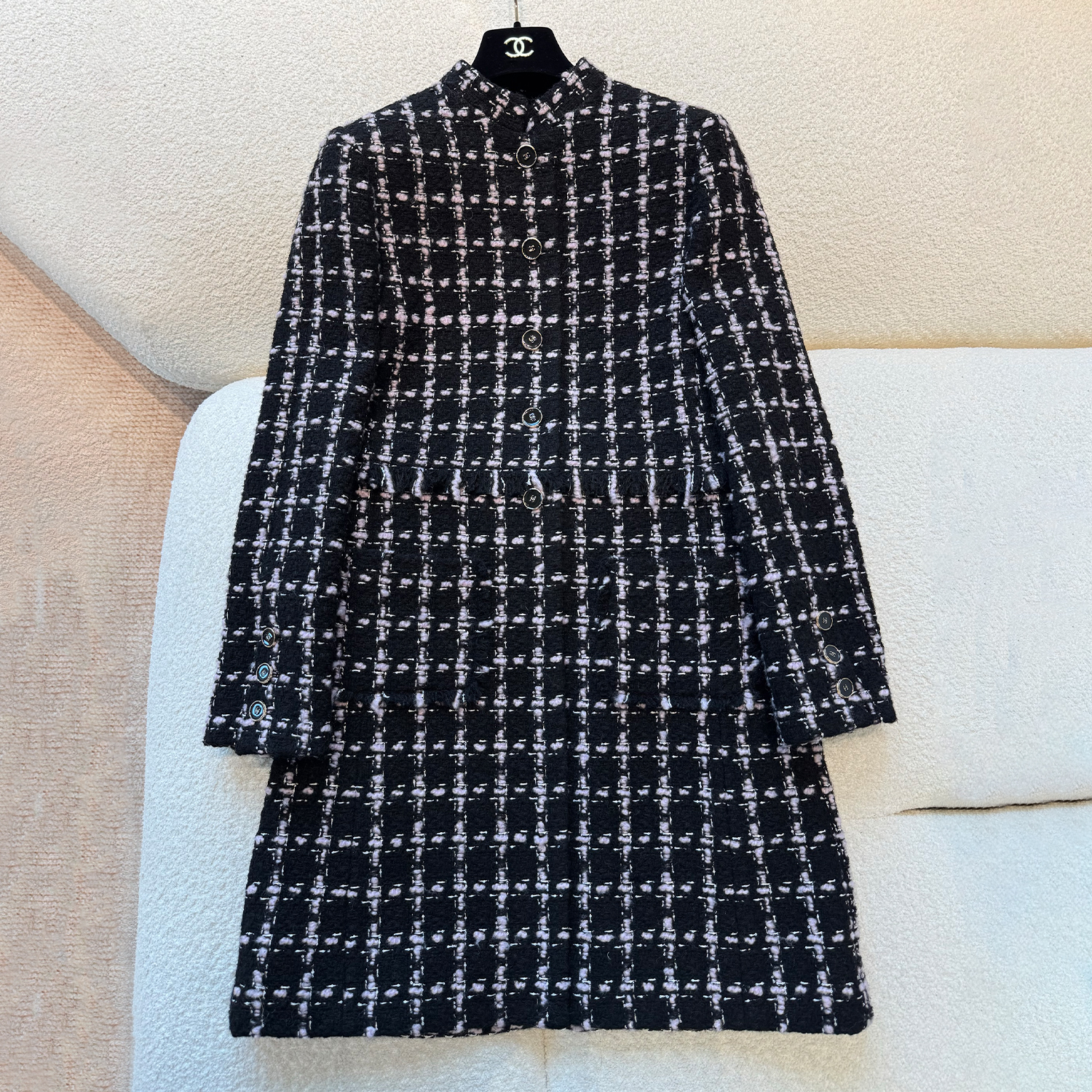NIGO Chanel Women's Fall/Winter Checkered Stand Collar Wool Blend Button-Up Multi-Color Long Coat Jacket Ngvp #nigo2559