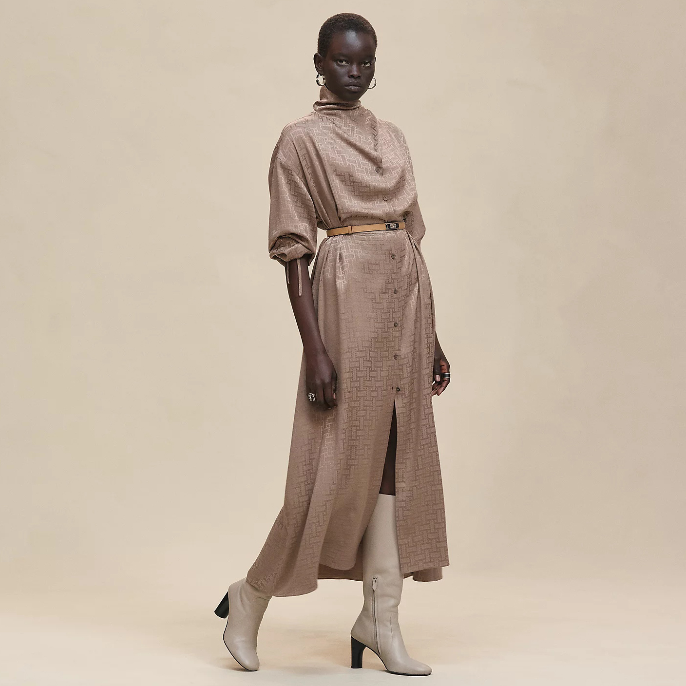 NIGO Hermes Women's Spring/Summer Fashion Classic V Neck Long Sleeve Single Button Satin Jacquard Two Tone Silk Dress #nigo79249