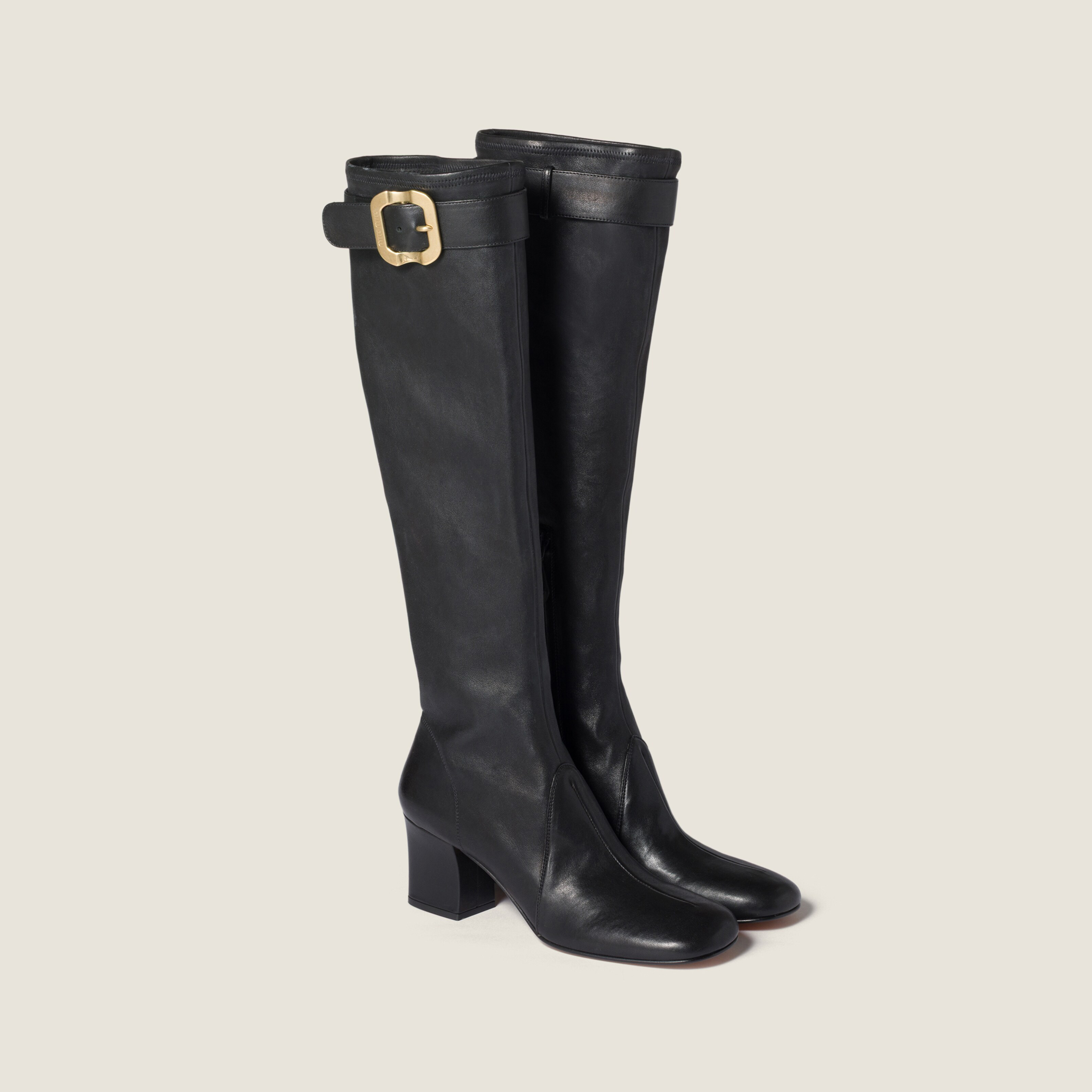 NIGO MiuMiu Women's Fall/Winter Fashion Classic Solid Color Leather Round Toe Sleeve Style Zipper Buckle Elastic Bare Leather Boots High Top Boots Shoes #nigo79238