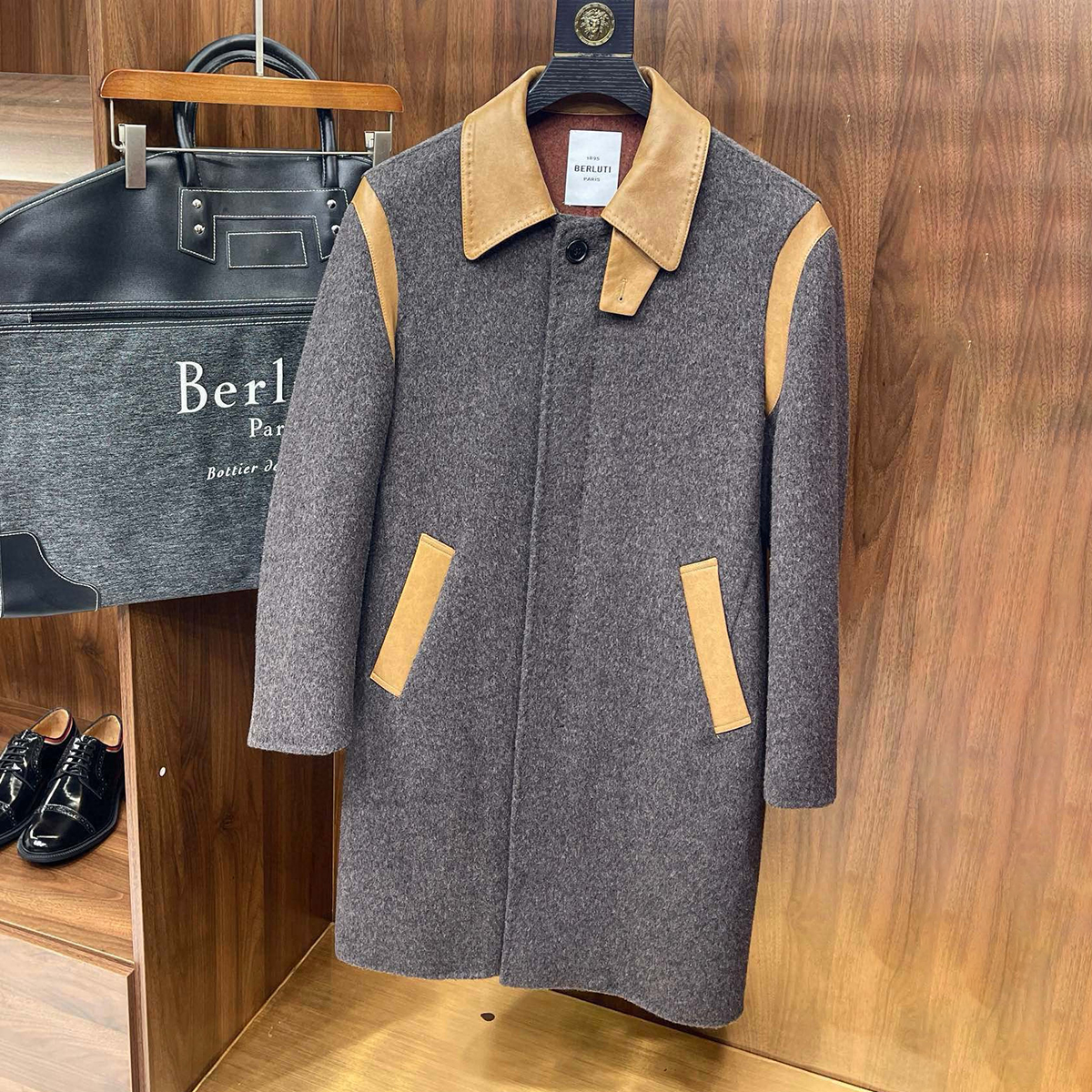NIGO Berluti Men's Fall/Winter Vintage Two-Tone Reversible Wool Blend with Sheepskin Panels Mid-Length Solid Color Long-Sleeve Coat Jacket Ngvp #nigo2579