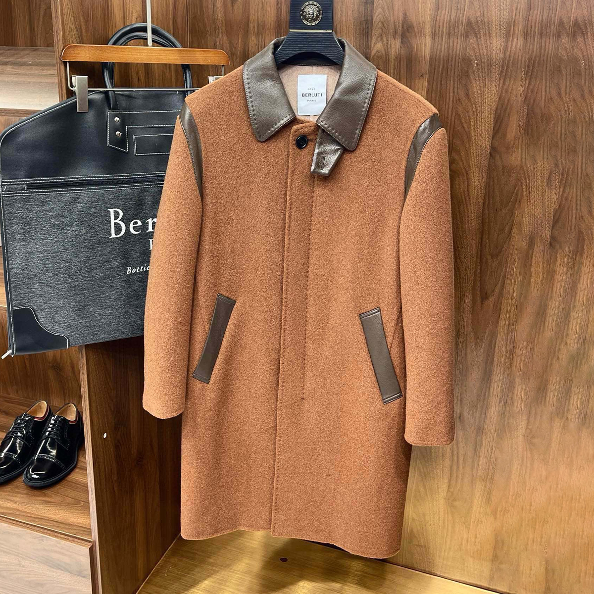 NIGO Berluti Men's Fall/Winter Vintage Two-Tone Reversible Wool Blend with Sheepskin Panels Mid-Length Solid Color Long-Sleeve Coat Jacket Ngvp #nigo2579