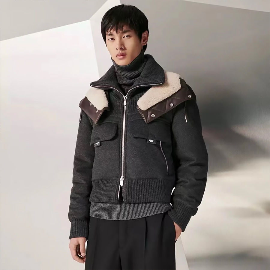 NIGO Hermes Men's Spring/Fall Patchwork Leather-Fur Collar Cashmere Casual Solid-Color Hooded Jacket Ngvp #nigo2572