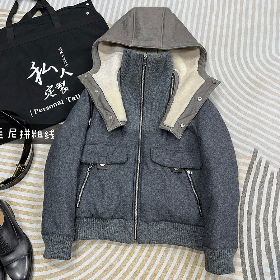 NIGO Hermes Men's Spring/Fall Patchwork Leather-Fur Collar Cashmere Casual Solid-Color Hooded Jacket Ngvp #nigo2572