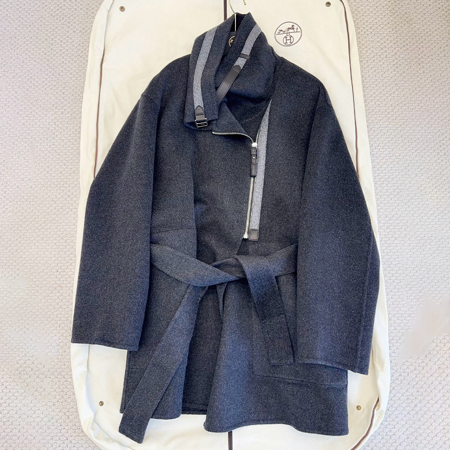 NIGO Hermes Women's Double-Faced Cashmere Mid-Length Coat Autumn/Winter Solid Color Collar Zipper Tie-Front Straight-Cut Jacket Ngvp #nigo2577