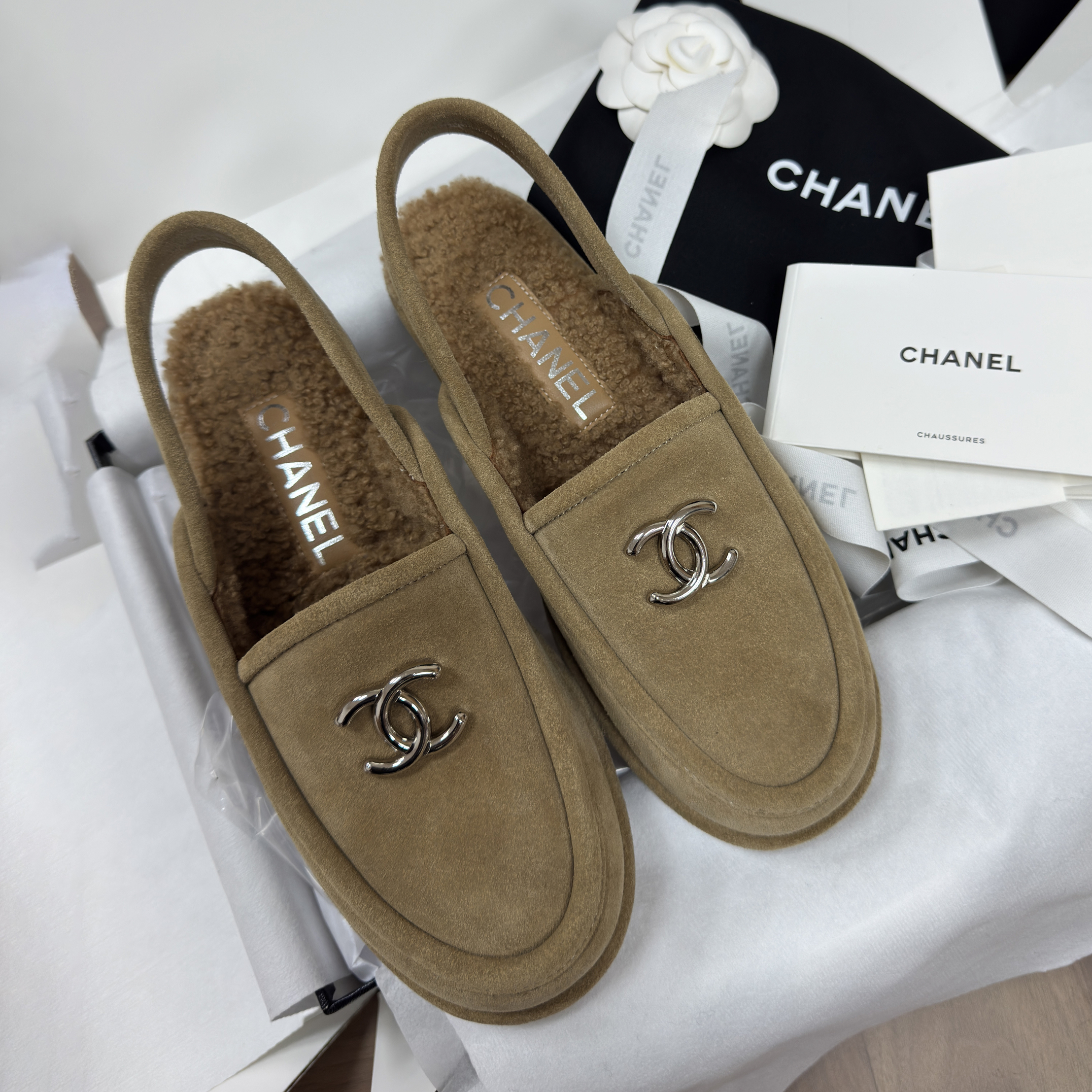 NIGO Chanel Women's Fall/Winter Casual Round Toe Slip On Teddy Fur Logo Flat Mules Shoes #nigo79254