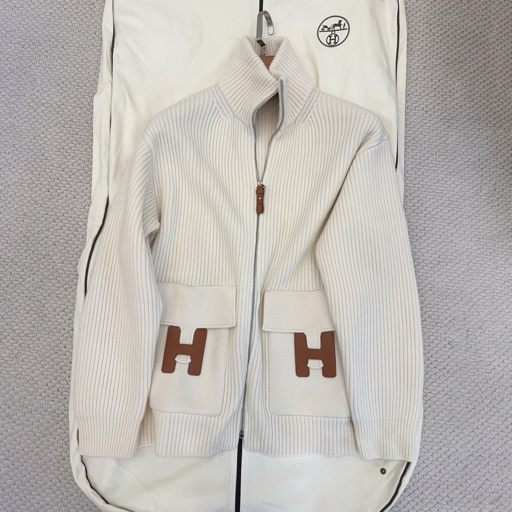 NIGO Hermes Women's Fall/Winter Fashion Casual High Neck Zipper Solid Color H Pocket Wool Sweater Coat Jacket #nigo79264