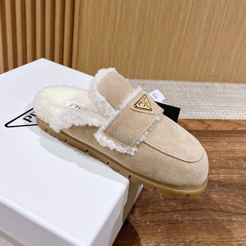 NIGO Prada Women's Fall/winter Casual Round Toe Slip On Fleece Lined Triangular Logo Birkenstock Style Slippers Shoes #nigo79271
