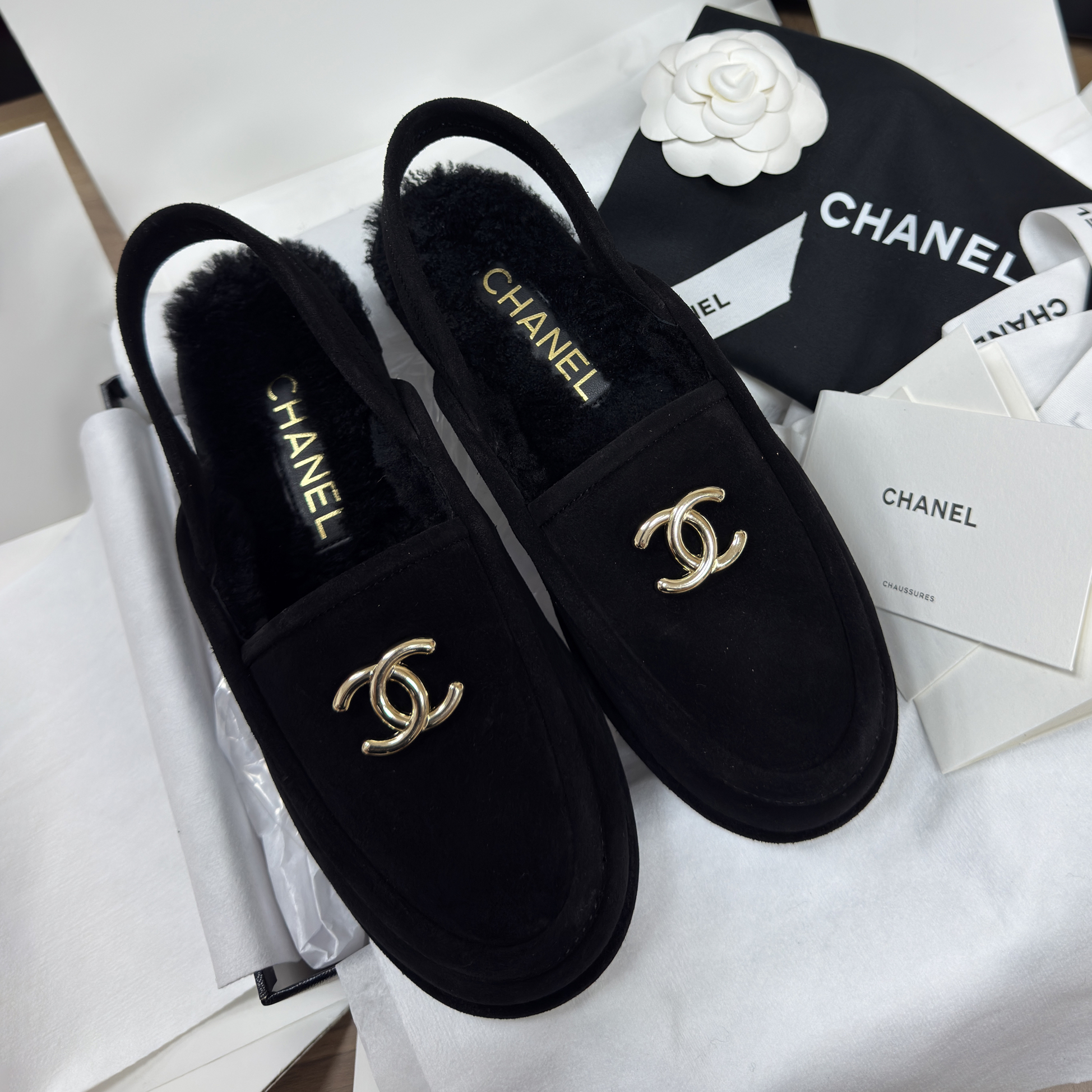 NIGO Chanel Women's Fall/Winter Casual Round Toe Slip On Teddy Fur Logo Flat Mules Shoes #nigo79254