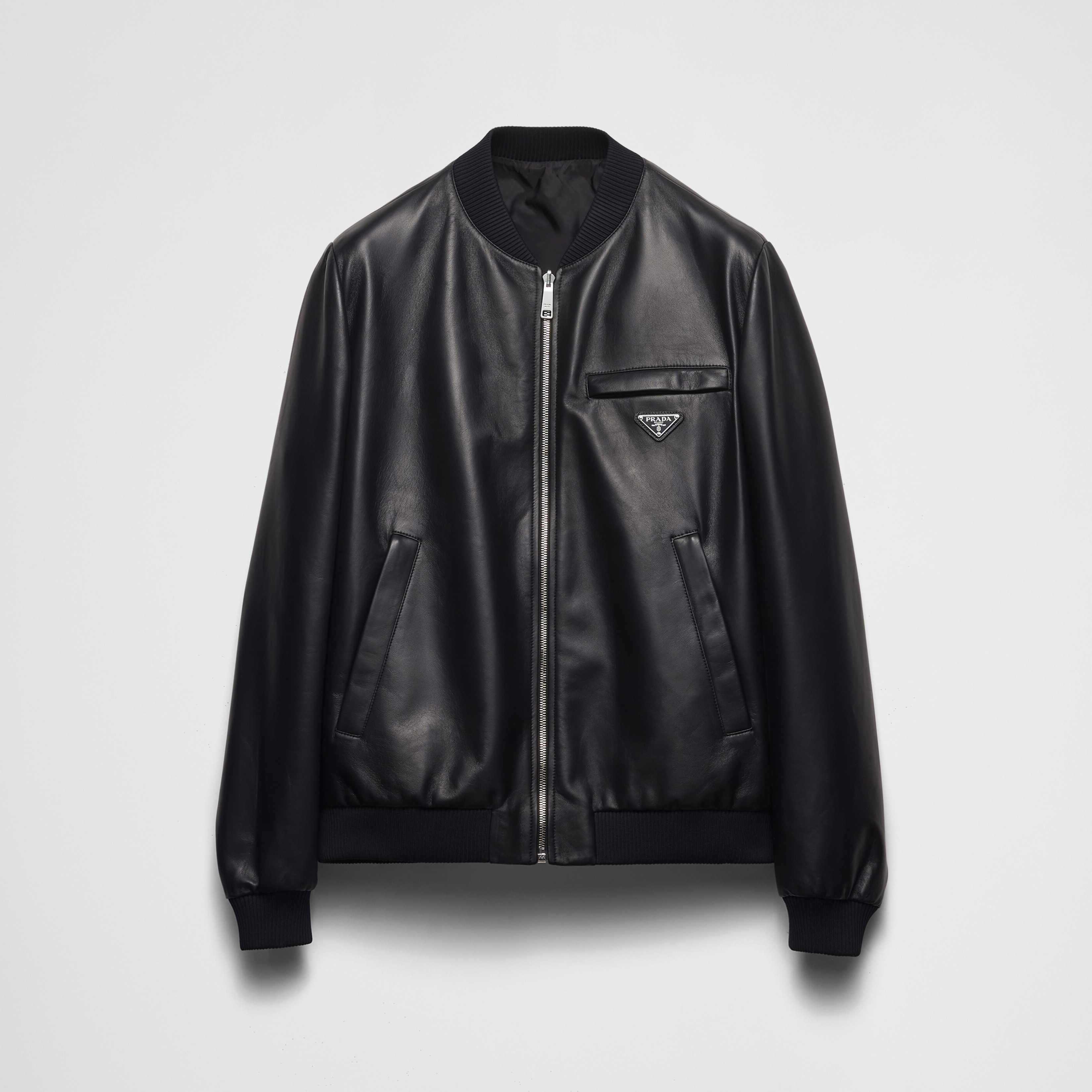 NIGO Prada Men's Fall/Winter Fashion Classic Solid Color Leather Crew Neck Zip Up Reversible Leather Plain Weave Jacket #nigo79345