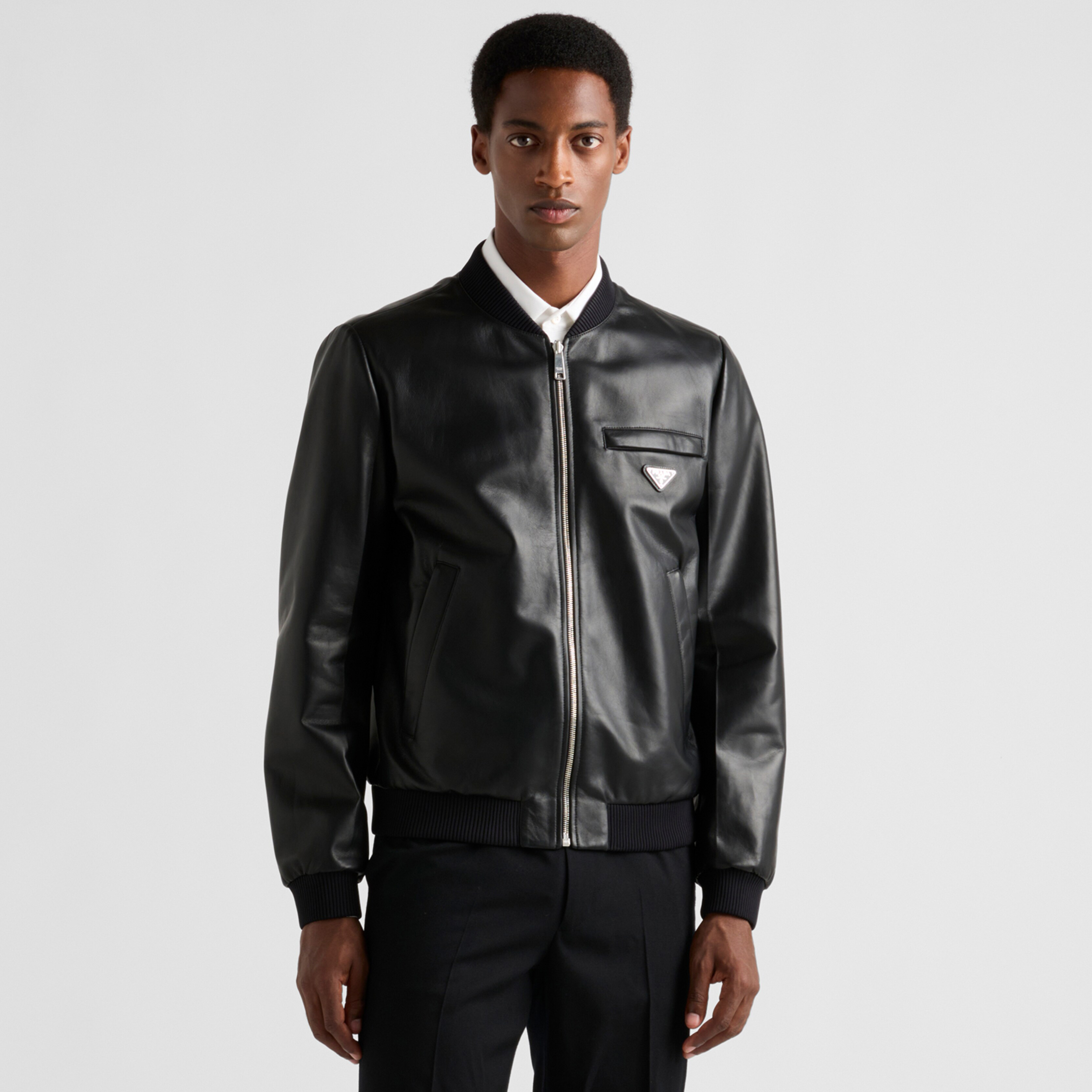 NIGO Prada Men's Fall/Winter Fashion Classic Solid Color Leather Crew Neck Zip Up Reversible Leather Plain Weave Jacket #nigo79345